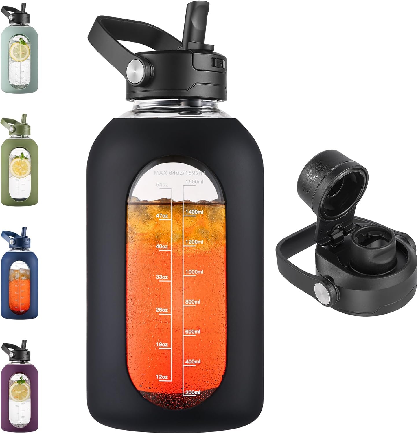 CIVAGO 64 oz Glass Water Bottle with Detachable Straw, Half Gallon Water Jug with Bucket Handle, Sports Motivational Water Bottle with Time Marker and Silicone Sleeve, Large Flask Cup for Gym, Black