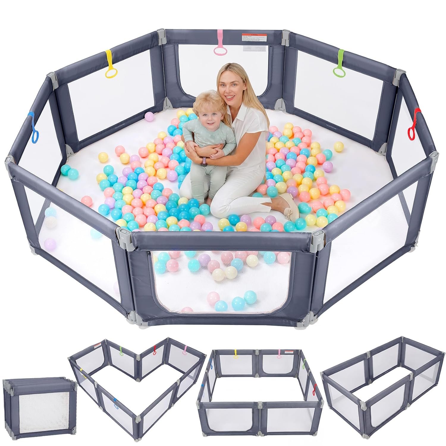 Kidirect Foldable Baby Playpen, 71″×69″ Extra Large Play Yard for Babies and Toddlers, Portable Indoor Outdoor Safety Baby Fence with Breathable Mesh, Grey