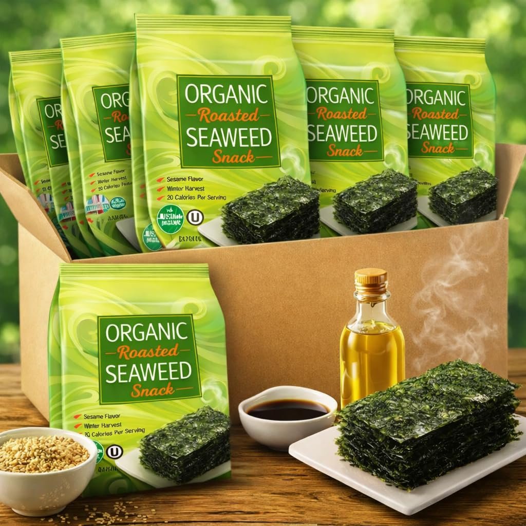 Seaweed Organic Roasted Sesame Flavor Nori Sheets – Vegan Gluten Free Kosher Sea Weed Snack – Crispy Plant Based Low Calorie Lunchbox Office Party Treat Bulk (10 Bags)
