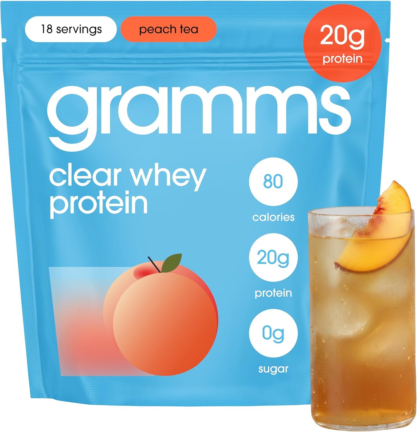 GRAMMS Clear Protein Powder Packets 20G Protein for Women & Men | Lactose Free, Grass-Fed Whey Isolate, Gluten Free, Zero Sugar, Gut Friendly, Non-Bloating (Peach Tea-18 Servings)