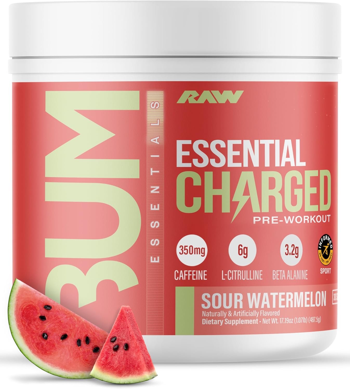 RAW Pre-Workout Powder, Essential CHARGED (Sour Watermelon) – Preworkout Supplement for Men & Women – Supports Focus, Mood & Performance – Caffeine, Alpha-GPC, L-Citrulline, Beta Alanine (25 Servings)