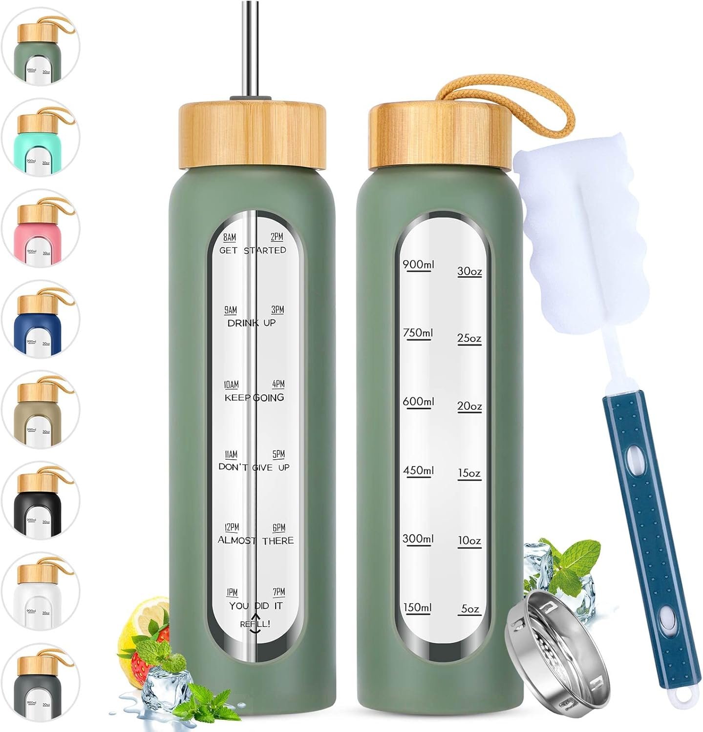 SipZest 32 oz Glass Water Bottle with Straw – Motivational Time Marker & Silicone Sleeve – Reusable Tumbler Includes 2 Bamboo Lids & Fruit Infuser – 1 Pack
