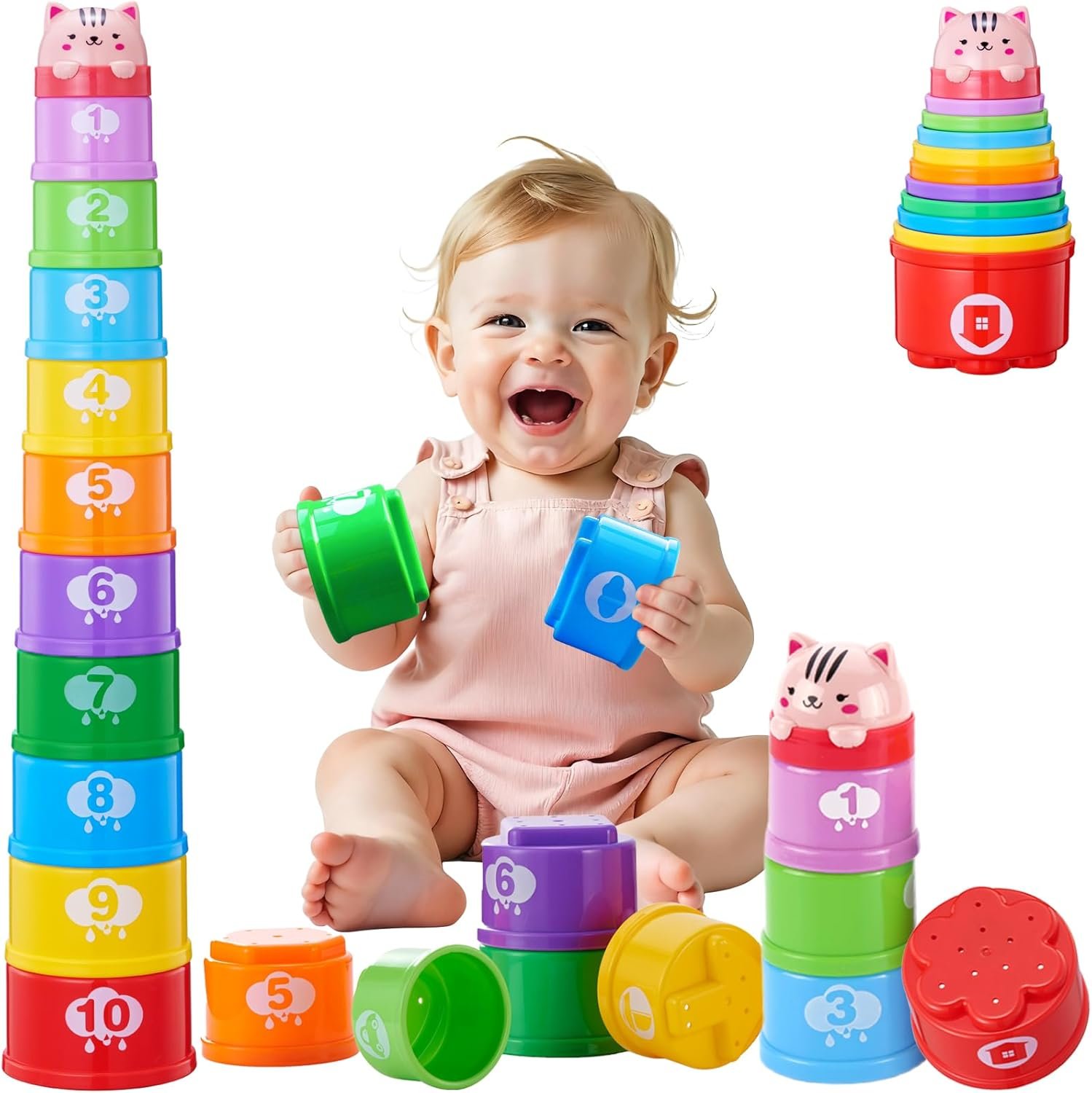 WEEJOYGAM Baby Stacking Cups, Nesting Stacking Toys for Toddlers 1-3 Montessori Toys for 1 Year Old Boy Girl Birthday Gift, Color Stack Block Bath Shower Water Learning Baby Toy 6 7 8 9 10 11 12 Month