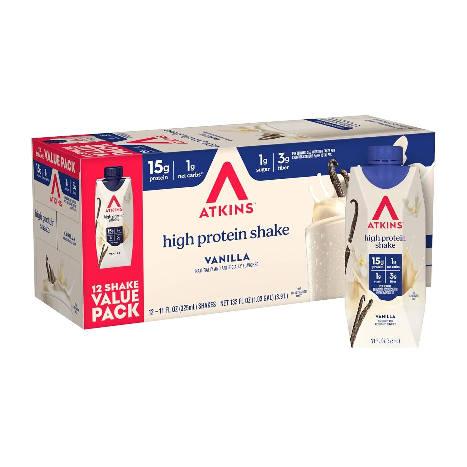 Atkins Vanilla High Protein Shake, 15g Protein, Low Glycemic, Low Carb and Low Sugar Protein Shakes, Keto Friendly Ready to Drink Shakes, 12 Vanilla Flavored Protein Shakes