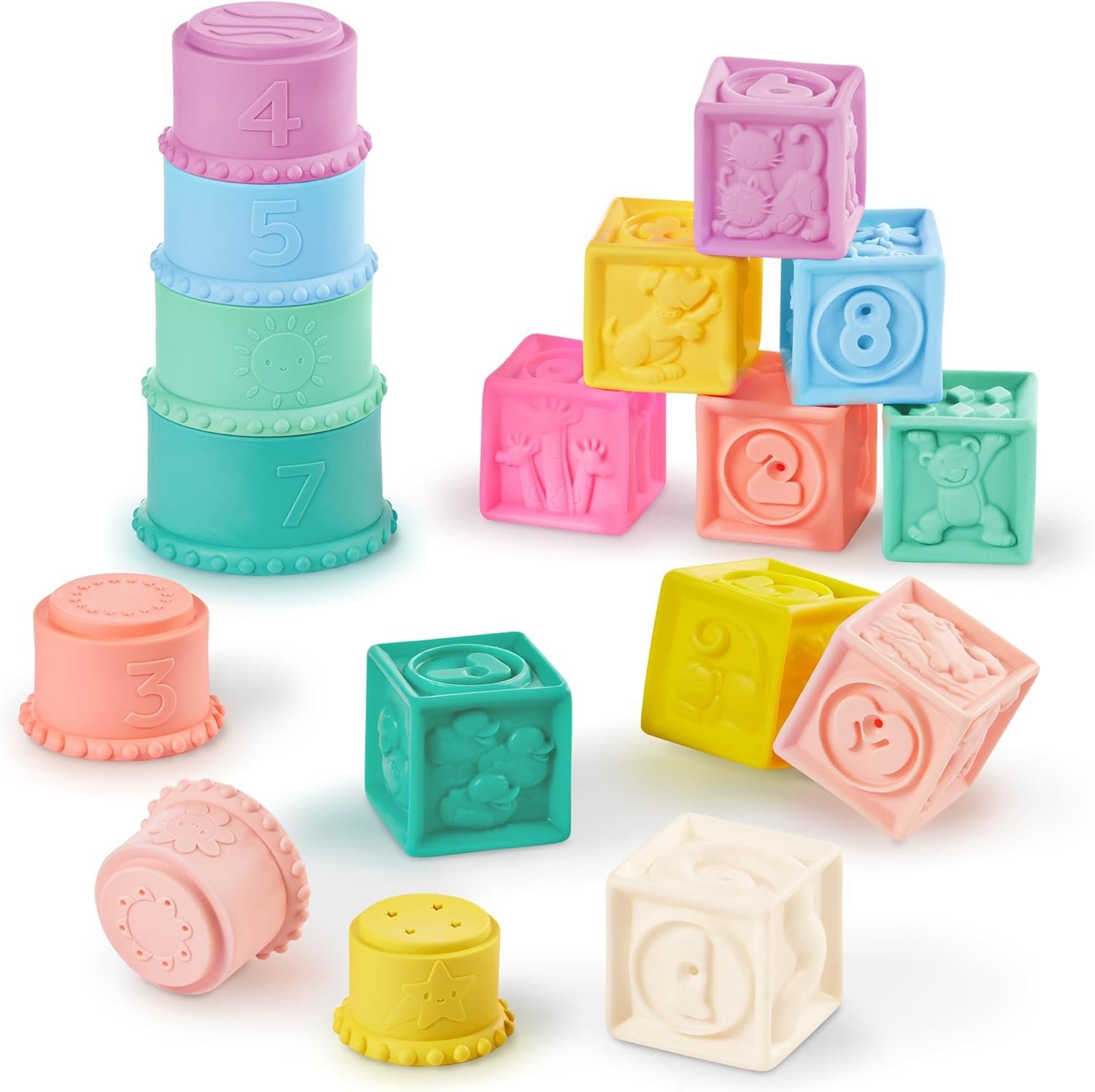 B. toys – Sensory Baby Toys – Soft Baby Blocks – Stacking Drip Cups – Numbers, Shapes & Animals – 6+ Months – Stackin’ Squishies