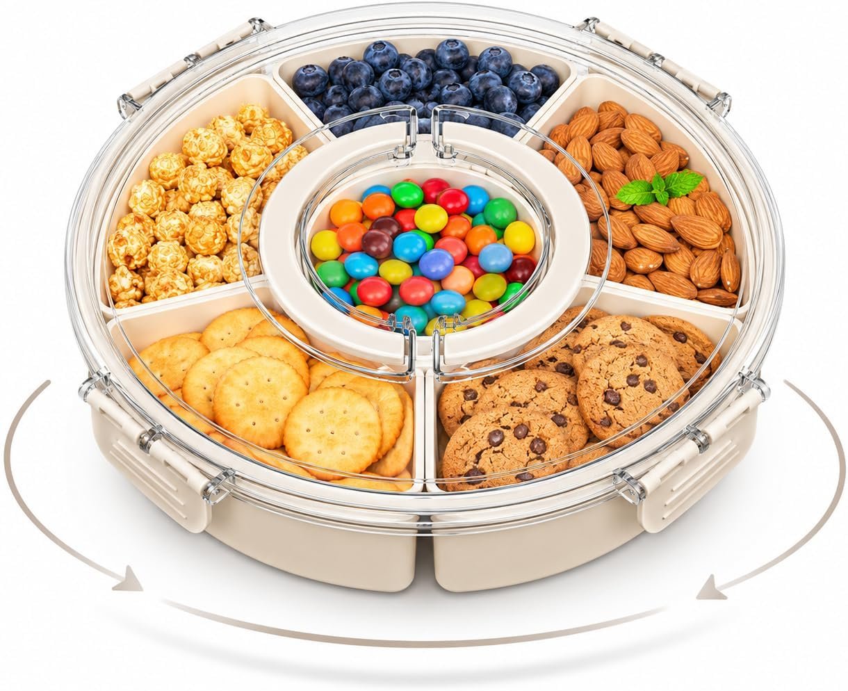Rotating Snackle Box Container with Clear Snap-On Lid, 11″ Divided Serving Tray with 6 Removable Compartments for Charcuterie, Veggie Platter & Taco Bar – 360° Lazy Susan Snack Spinner
