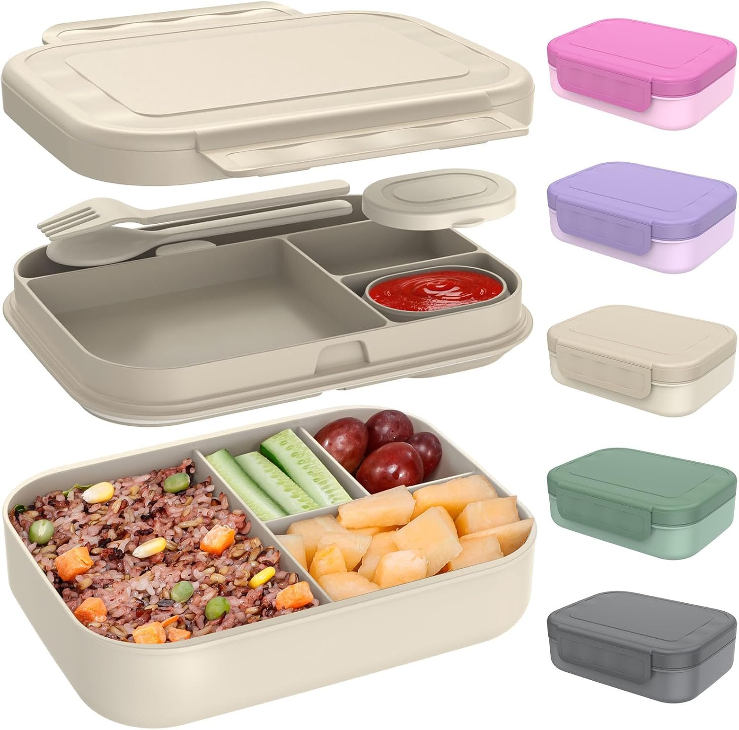 Caperci Stackable Bento Lunch Box for Adult & Teens – Reinforced Leak-Proof Lunch Container 4-Compartment with Utensils & Sauce Container, BPA-Free, Dishwasher/Microwave Safe, 47oz (Pale Mocha)