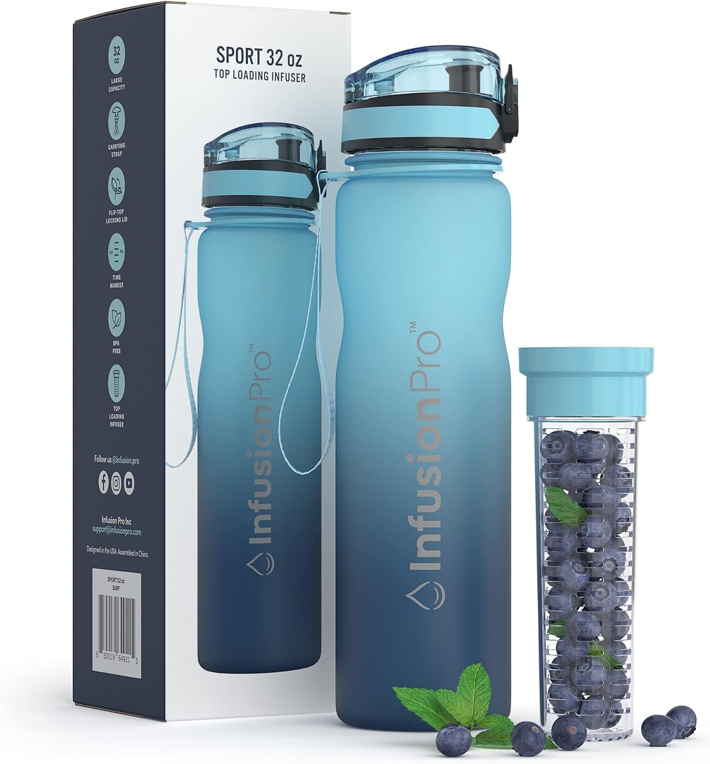 Infusion Pro 32 oz Fruit Infuser Water Bottle with Time Marker – Flip Top Locking Lid, Insulated Sleeve & 50 Recipe Fruit Infusion Water eBook : Leak Proof : for Gym, Sports, Travel : Unique Gift Idea