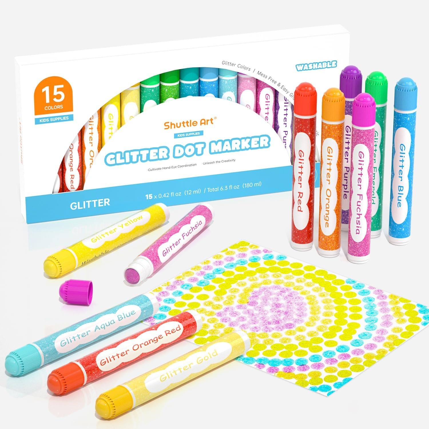 Shuttle Art Shimmer Dot Markers, 15 Glitter Colors Washable Markers for Toddlers,Bingo Daubers Supplies Kids Preschool Children, Non Toxic Water-Based