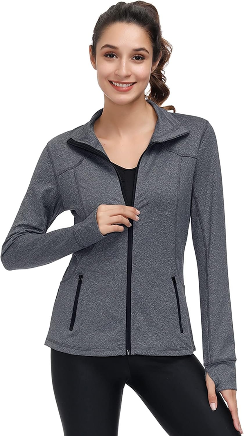 Dolcevida Womens Full Zip Athletic Jacket Zip up Lightweight Jacket | 4-Way Stretch and Lightweight Fabric, Stand Collar, Zip Garage, Thumbholes, Slim Fit, 2 Inner Pockets