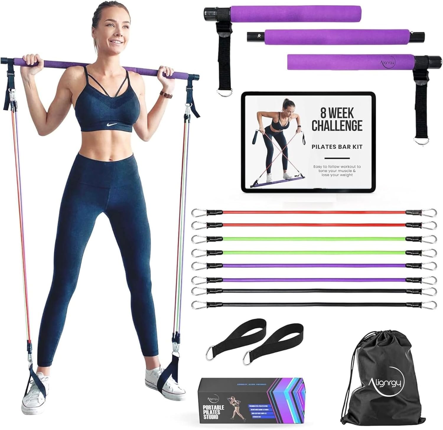 Portable Pilates Bar Kit with Resistance Bands (20, 30, 40, 50 LB) – Guided 8-Week Pilates Bar Kit Plan – Premium Quality Home Equipment 3-Section Pilates Bar with Resistance Bands Full-Body Toning