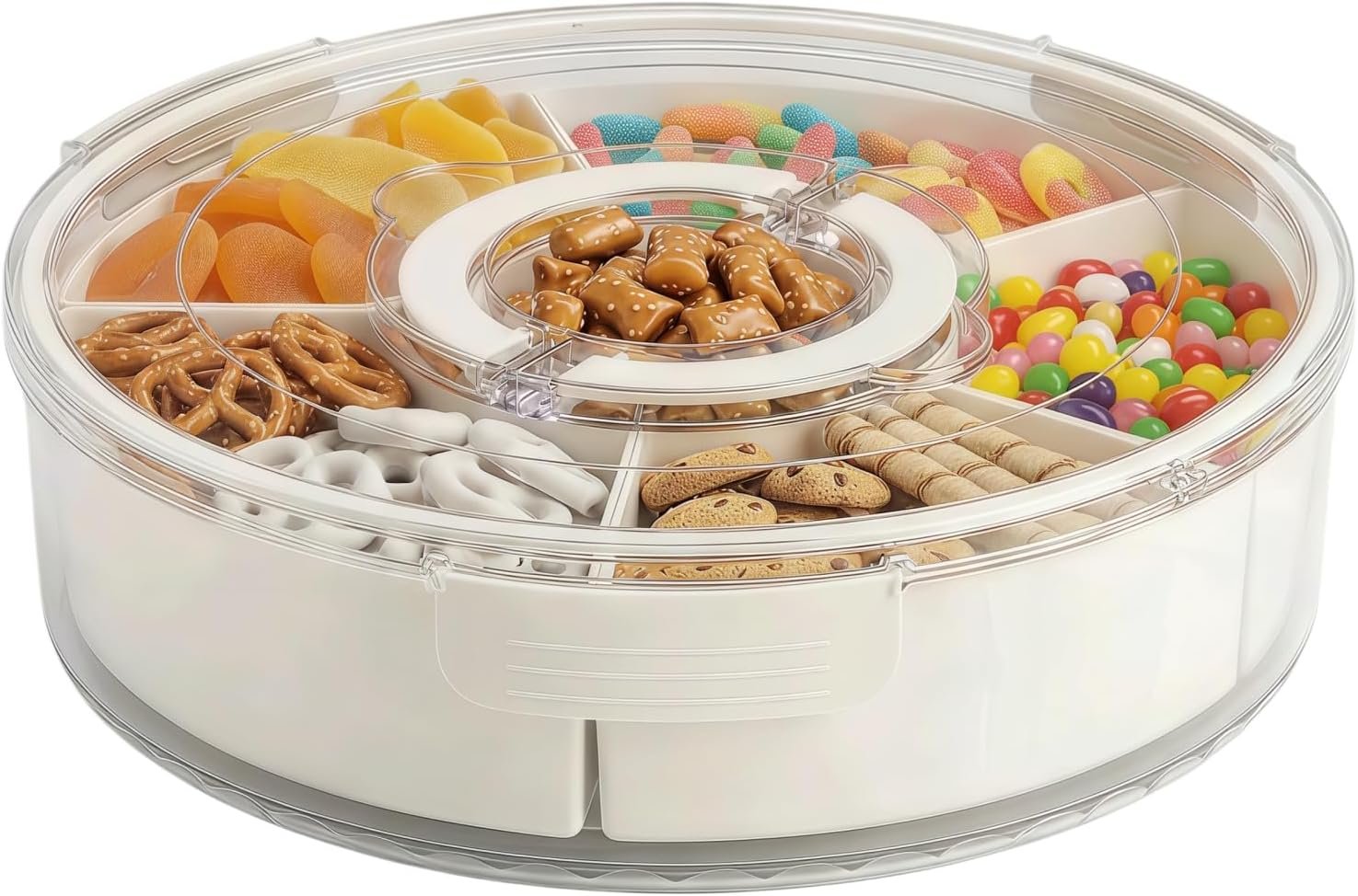 Snackle Box Container with Lid and Handle, 6-Compartment 360° Rotating Snack Tray, Portable Divided Serving Tray for Fruits Candy Nuts, Party Travel Home, 6 Compartments