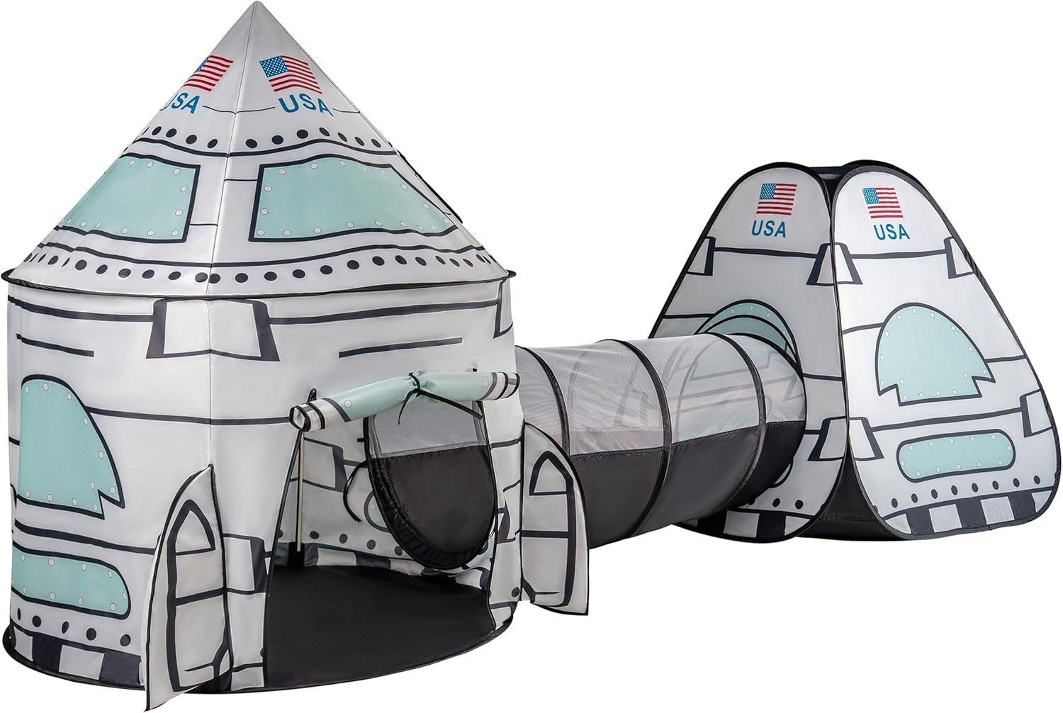 Lafyette. USA White Rocket Ship Play Tent with Tunnel, Pop Up Kids Playhouse Set, Indoor Outdoor Spaceship Tent for Boys Girls Toddlers, Imaginative Play Toy, Portable Foldable Children’s Play Set