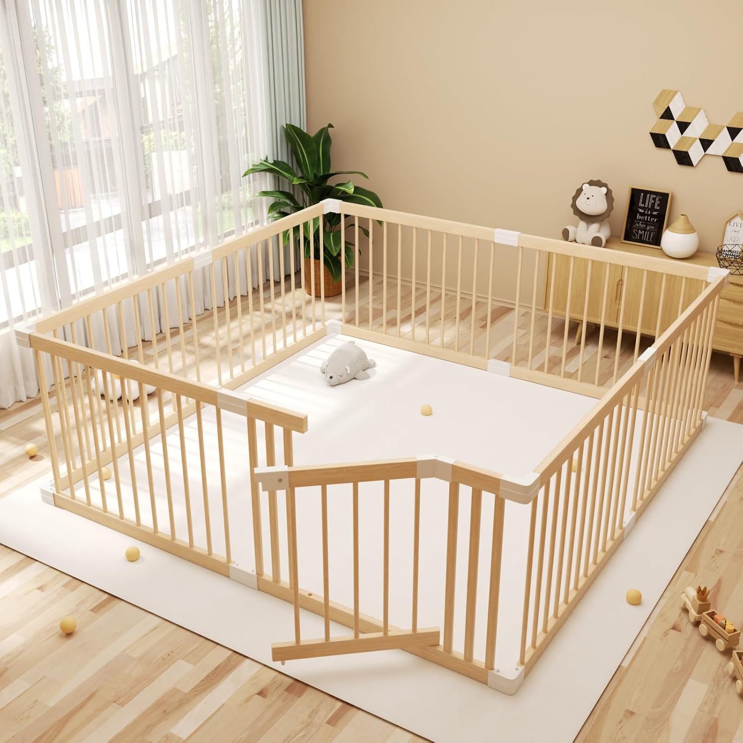 Extra Large Wooden Baby Playpen,Play Pen for Babies and Toddlers Kids Indoor,Security Playard Area Indoor,Easy to Assemble, Non-Collapsible (73x73x24 Inch)