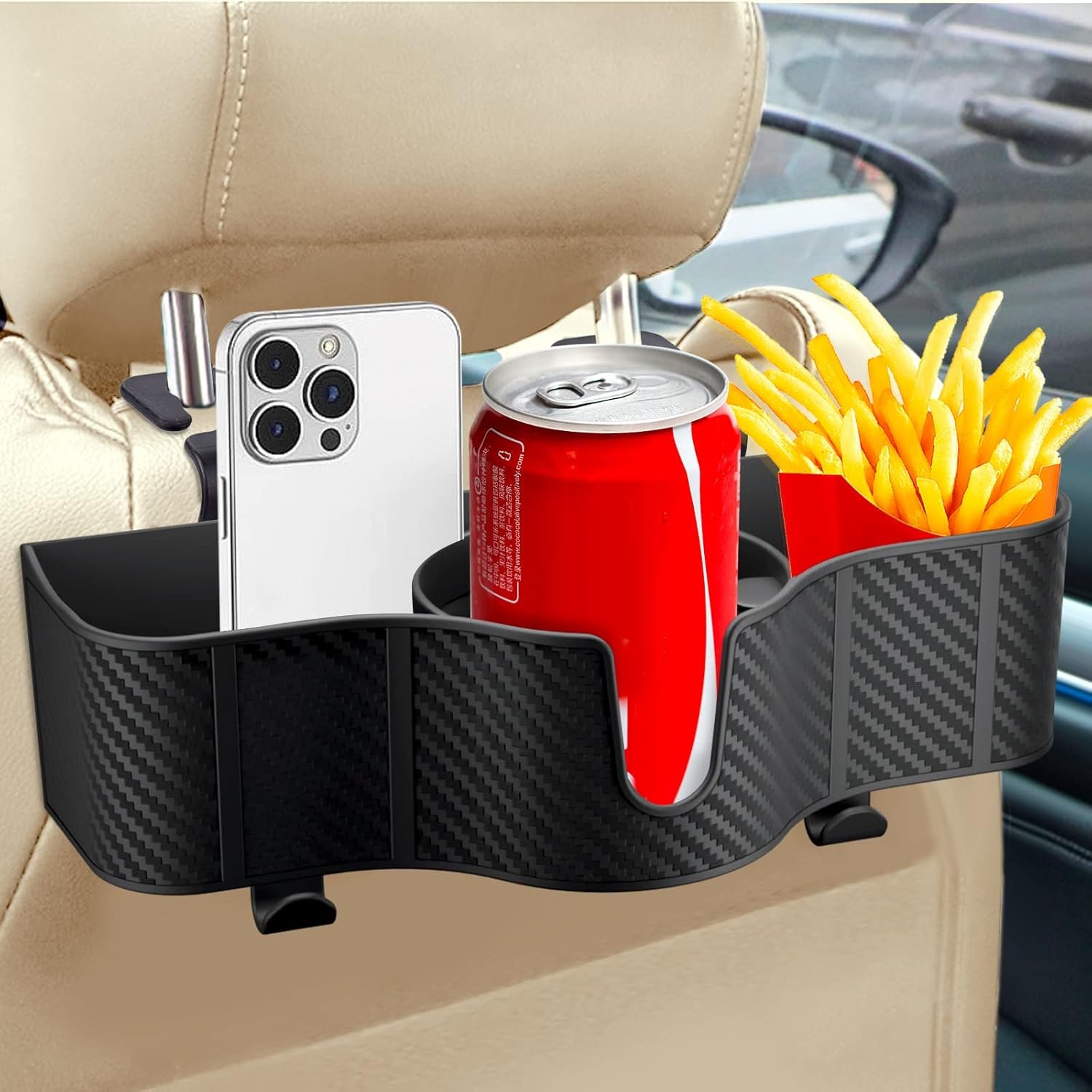 OUSHASAA 3-in-1 Car Headrest Backseat Organizer with 3.7″ Backseat Cup Holder for Car, Seat Back Organizer with Hooks