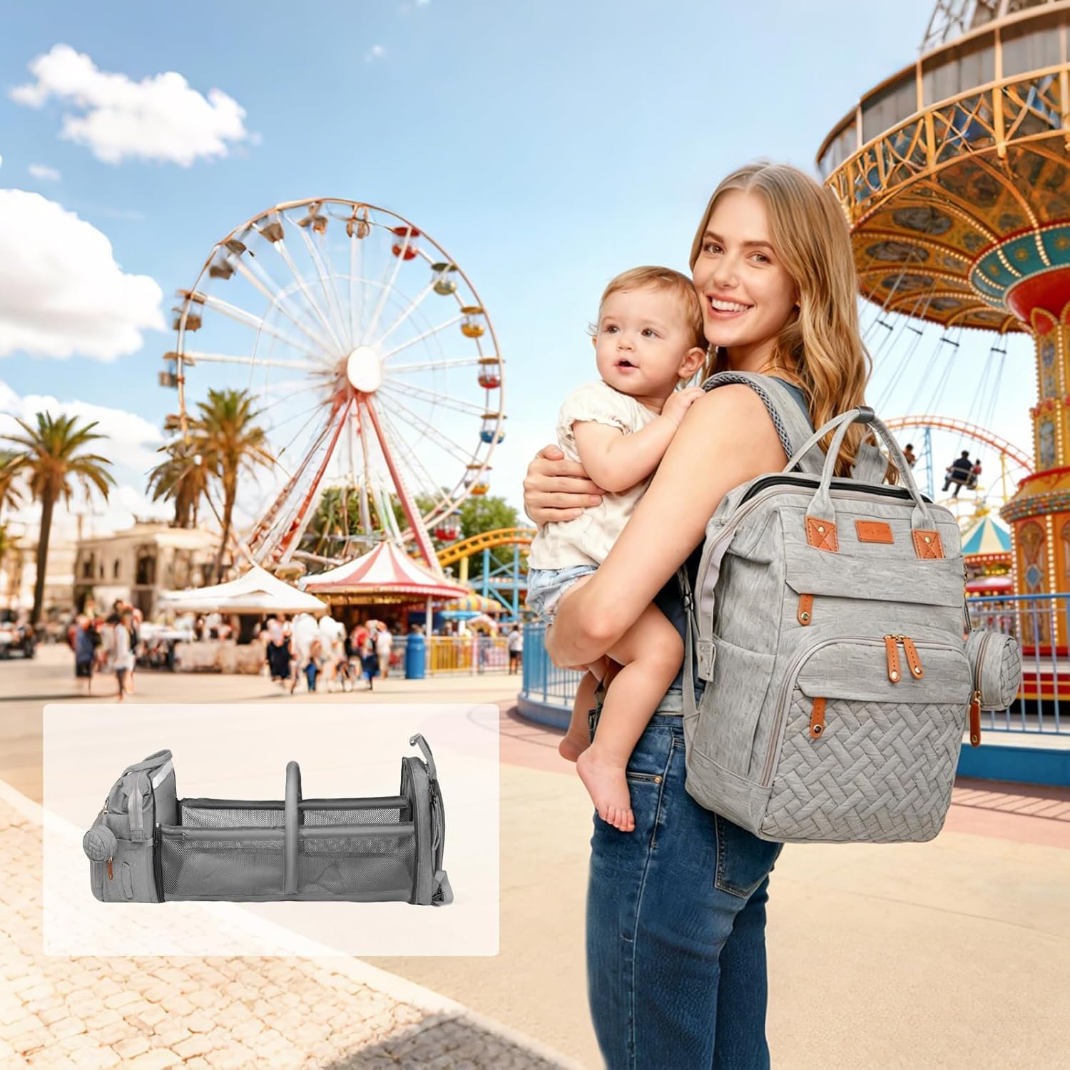 Baby Diaper Bag Backpack with Changing Station, Waterproof Large Capacity Baby Bag with USB Charging Port, Lightweight Travel Backpack Diaper Bag with Portable Crib – Grey