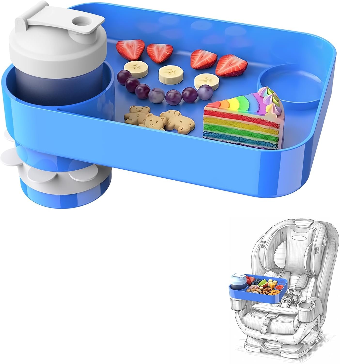 Car Seat Snack Tray for Kids, Mess-Free Square Travel Tray Cup Holder Snack Tray, Durable Car Food Tray for Toddlers, Universal Fit Kids Travel Road Trip Essentials (1, Blue)