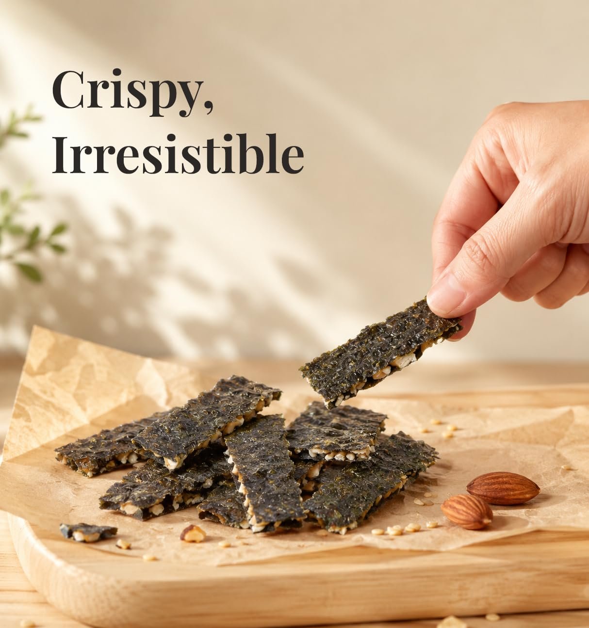 LEEZEN Seaweed Almond Snacks, Crunchy Nori Crisps with Roasted Nuts & Sesame, Made in Taiwan, Baked Not Fried, Asian Chips, No MSG, Savory Treats, Vegan, Plant Based, Japanese, Korean, 2.29 oz (65g)