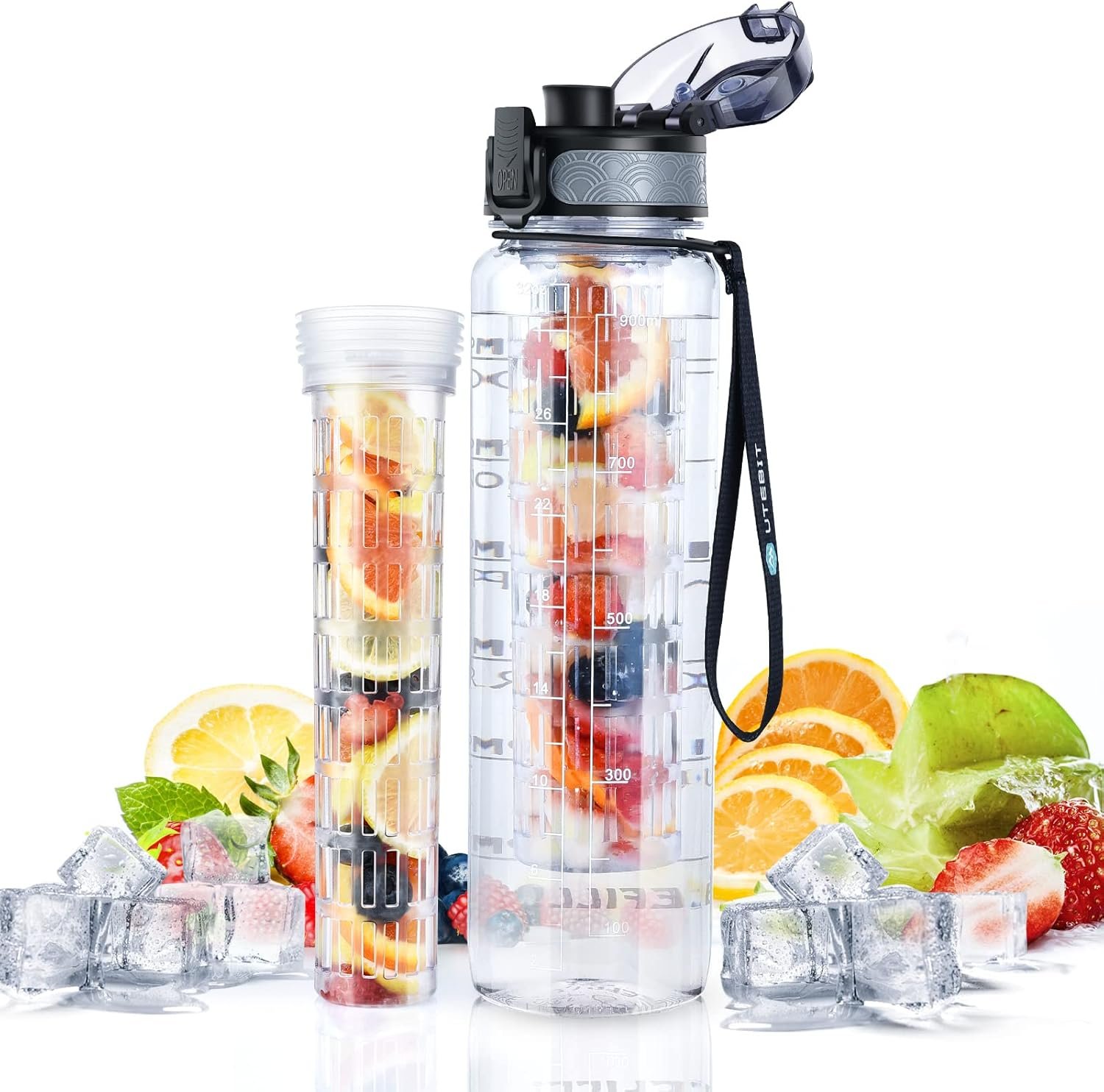 UTEBIT 32 OZ Fruit Infuser Water Bottle with Time Maker, Clear | Insulated Sports Water Bottle With Straw, 1L BPA Free Leak Proof Tritan Water Jug with Strap for Gym, Camping, Travel,Outdoor