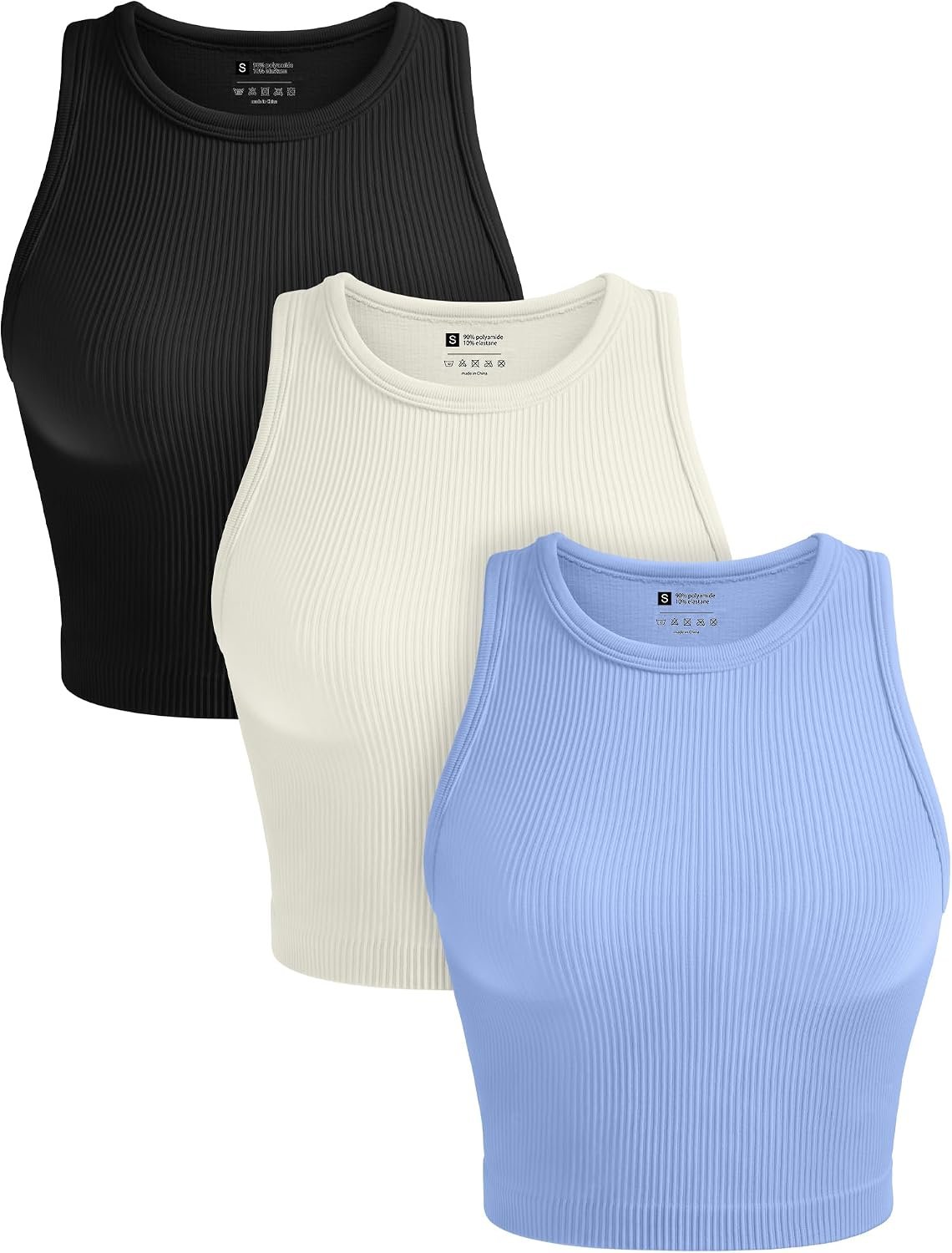 OLCHEE Womens 3 Pack Crop Tank Tops Basic Seamless Ribbed Round High Neck Racerback Workout Top Summer Causal Yoga Gym Shirts