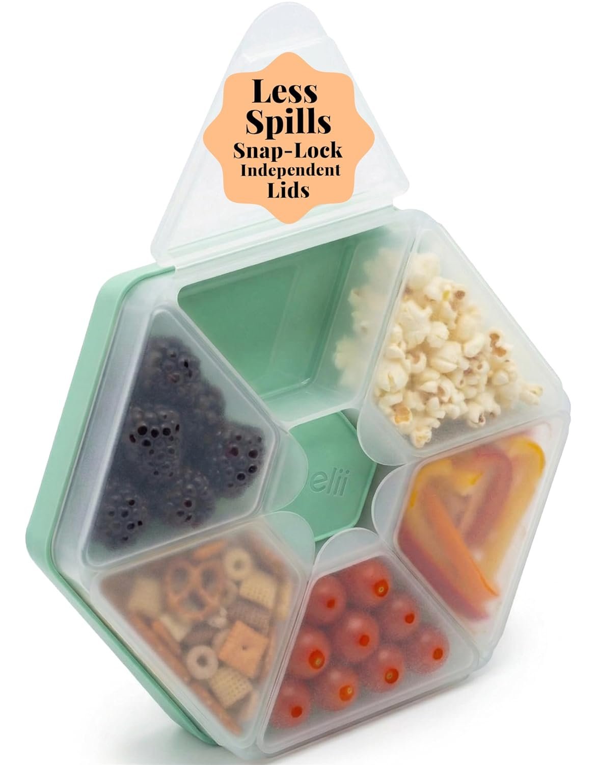 melii Hexagonal Snackle Box | 6 Compartment Snack Container with Individual Snap-Lock Lids, Easy-Grip Design for Kids & Adults, Portion-Control Food Storage for Lunch, Travel & On-the-Go (Mint)