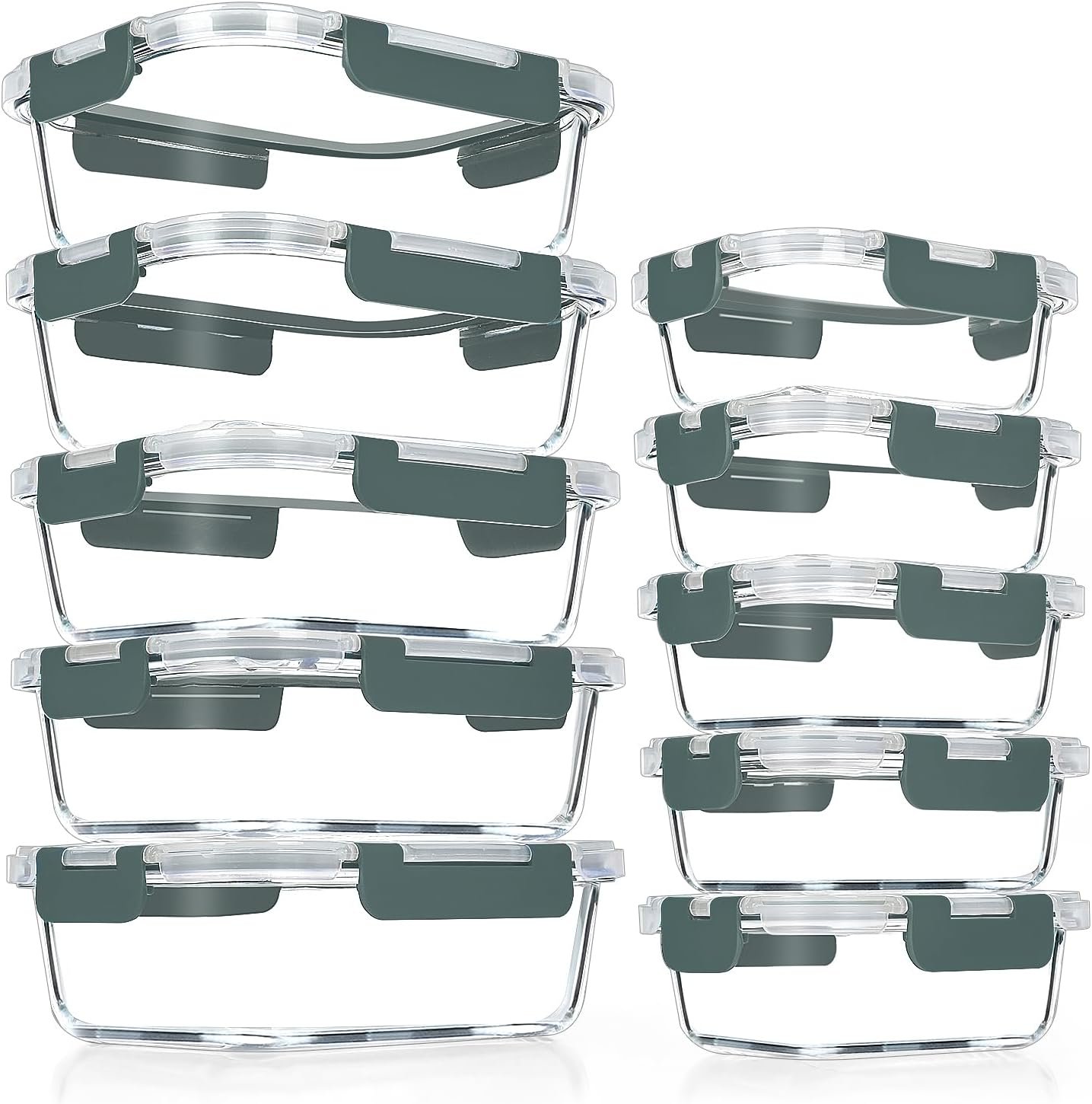 VERONES 10 Pack Glass Meal Prep Containers, Airtight Glass Lunch Containers, Stackable Glass Food Storage Containers Set with Lids,BPA-Free, for Microwave, Oven, Freezer & Dishwasher Friendly,Grey