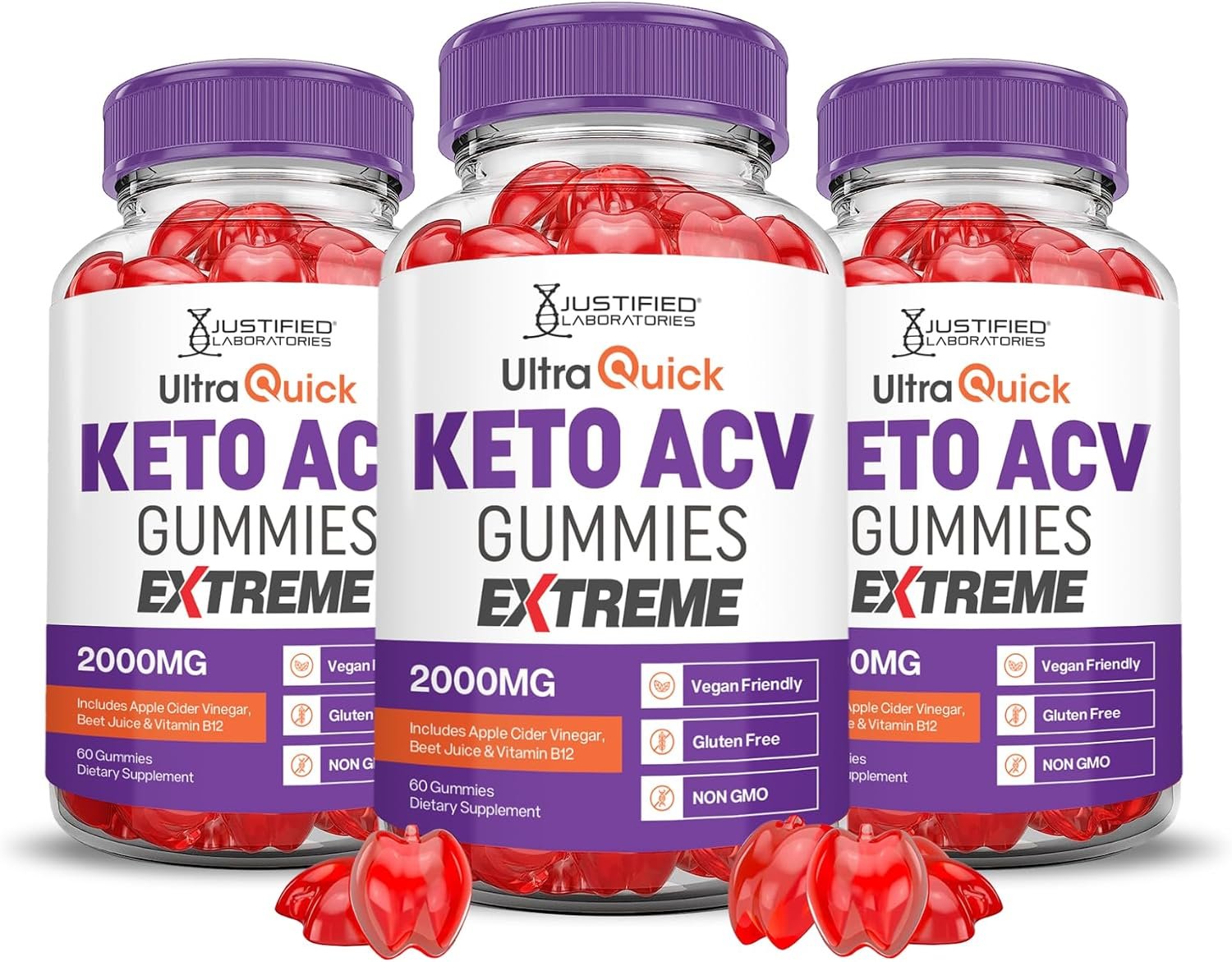 Justified Laboratories Ultra Quick Keto ACV Gummies Extreme (2000 mg) – 60 Count, Pack of 3 – Formulated with Apple Cider Vinegar, Folate & Vitamin B12 – Non-GMO, Vegan, Gluten Free – 90 Servings
