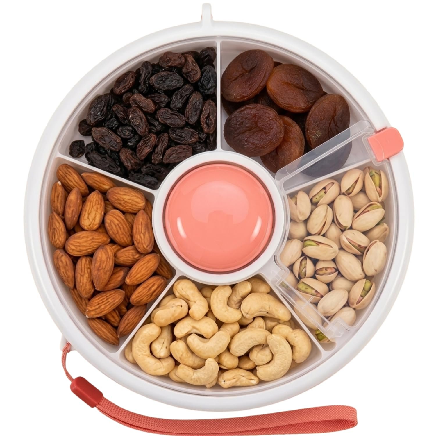 Proudy Portable Snack Spinner Bundle, Food Storage Container, Spinner Box with Rotating Storage, Reusable Snack Container with 5 Compartment Dispenser and Lid, Spinner Box (Pink 1)