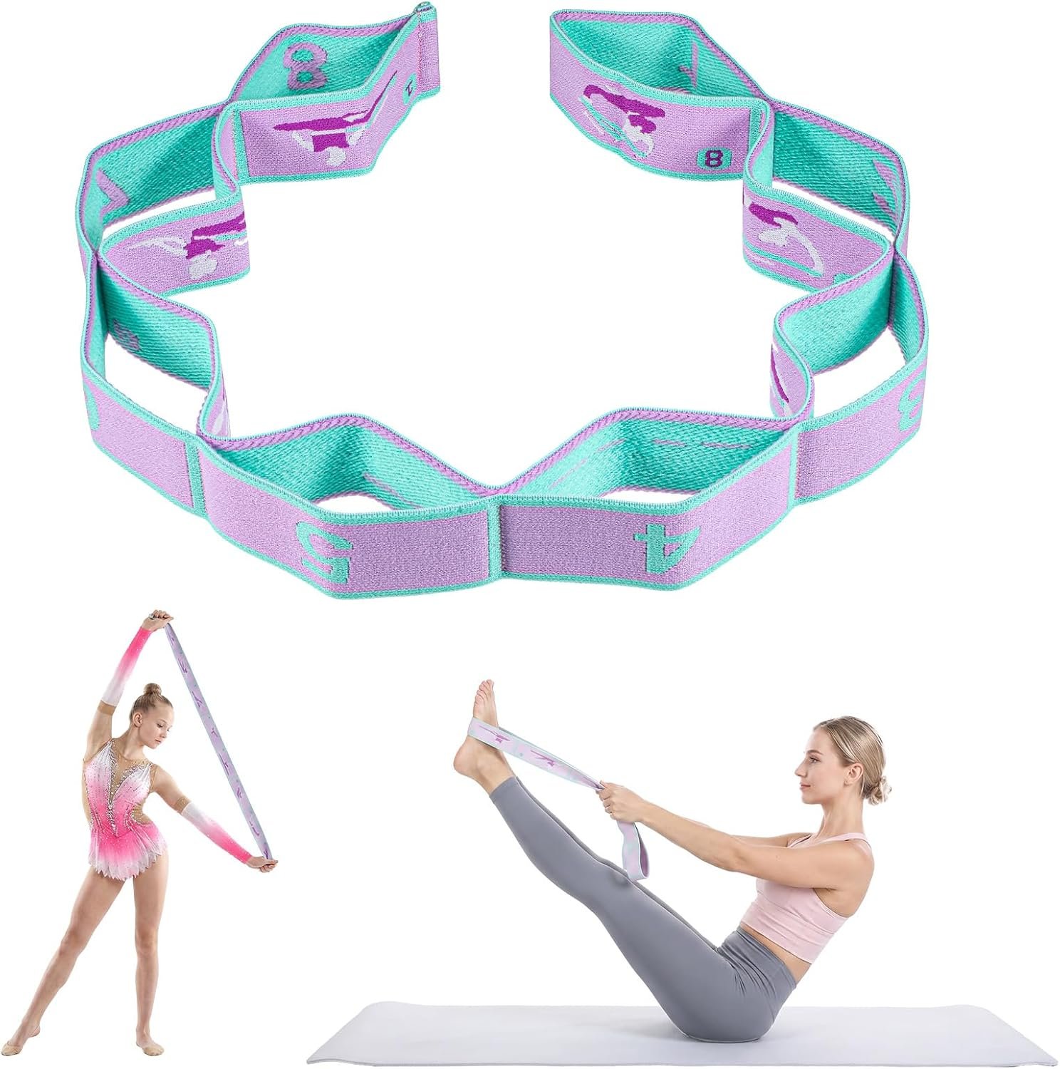 YUXIANLB Elastic Yoga Stretch Strap, 8-Loop Adjustable Stretching Gymnastic Resistance Band Fitness Equipment for Women Physical Flexible Therapy Ballet Dance Stuff Pilate Training Exercise Workout
