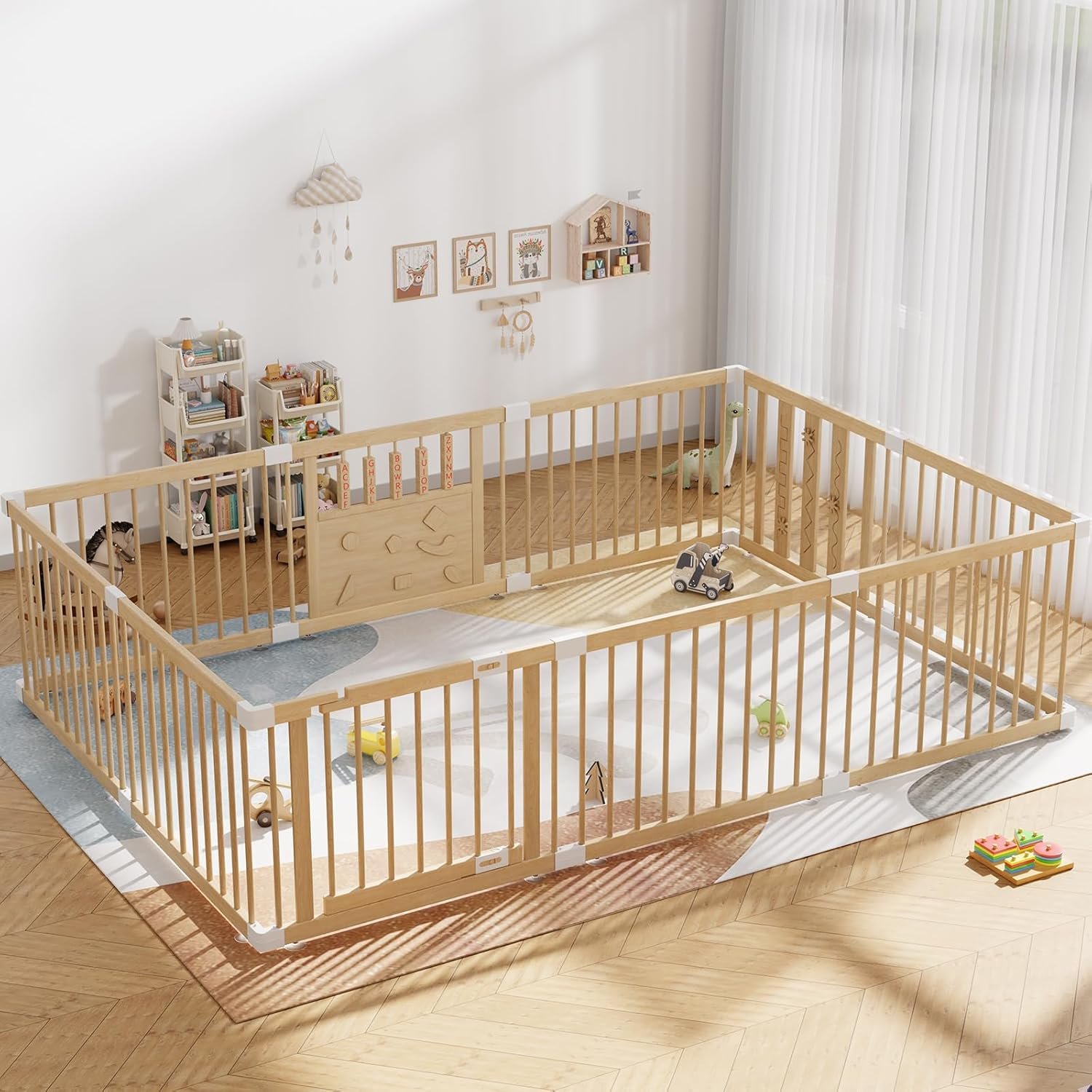 Wooden Baby Playpen, 96″×64″ Extra Large Playpen for Babies and Toddlers, Indoor Play Pen for Kids Activity Center, Portable Natural Wood Fence, Expandable, Suction Cups, 10 Panels