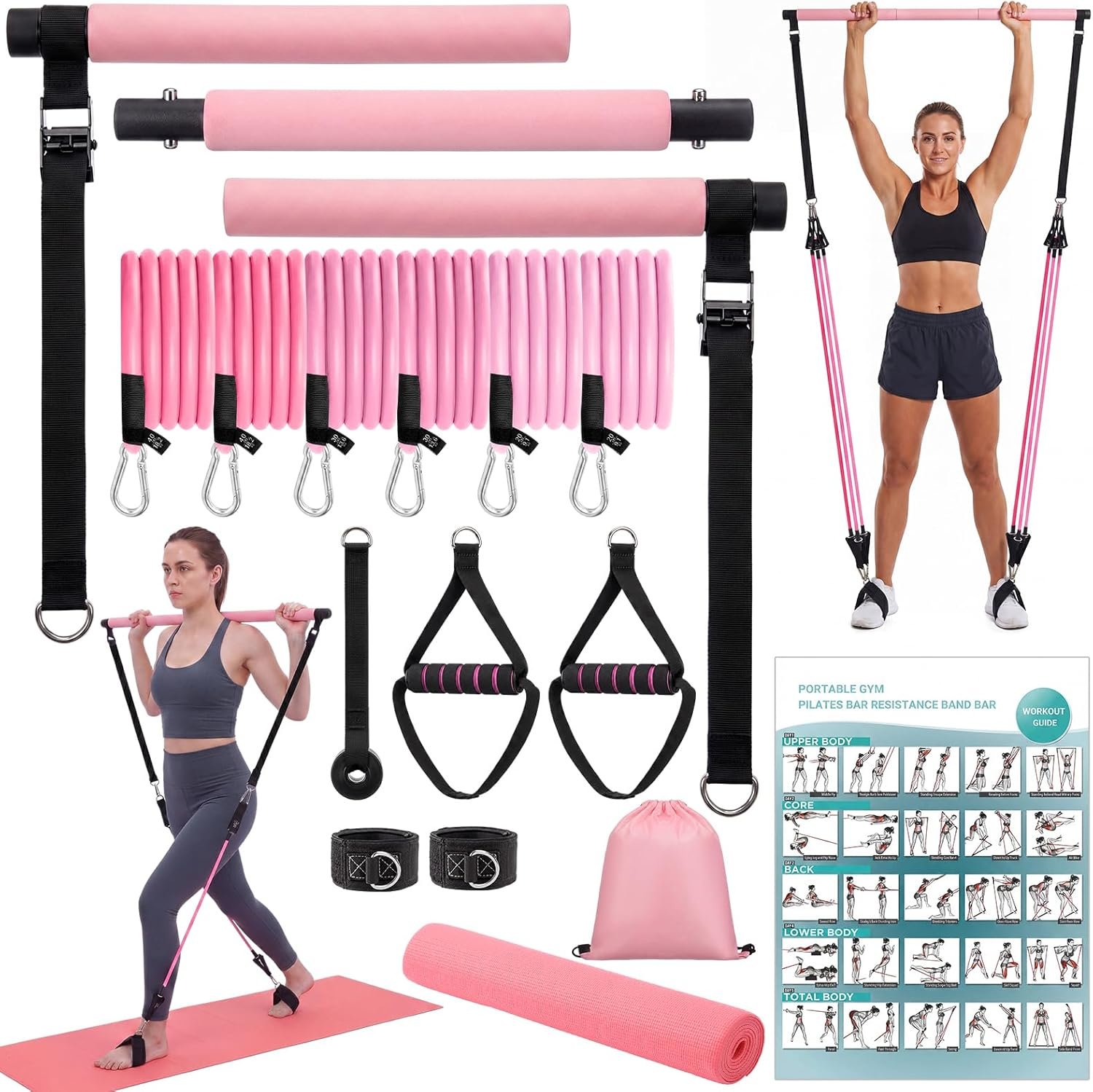 Pilates Bar Kit with Resistance Bands and Yoga Mat, Adjustable Metal Bar Portable Home Fitness Set for Women Full Body Workouts, Core, Strength, Stretching and Pilates Training