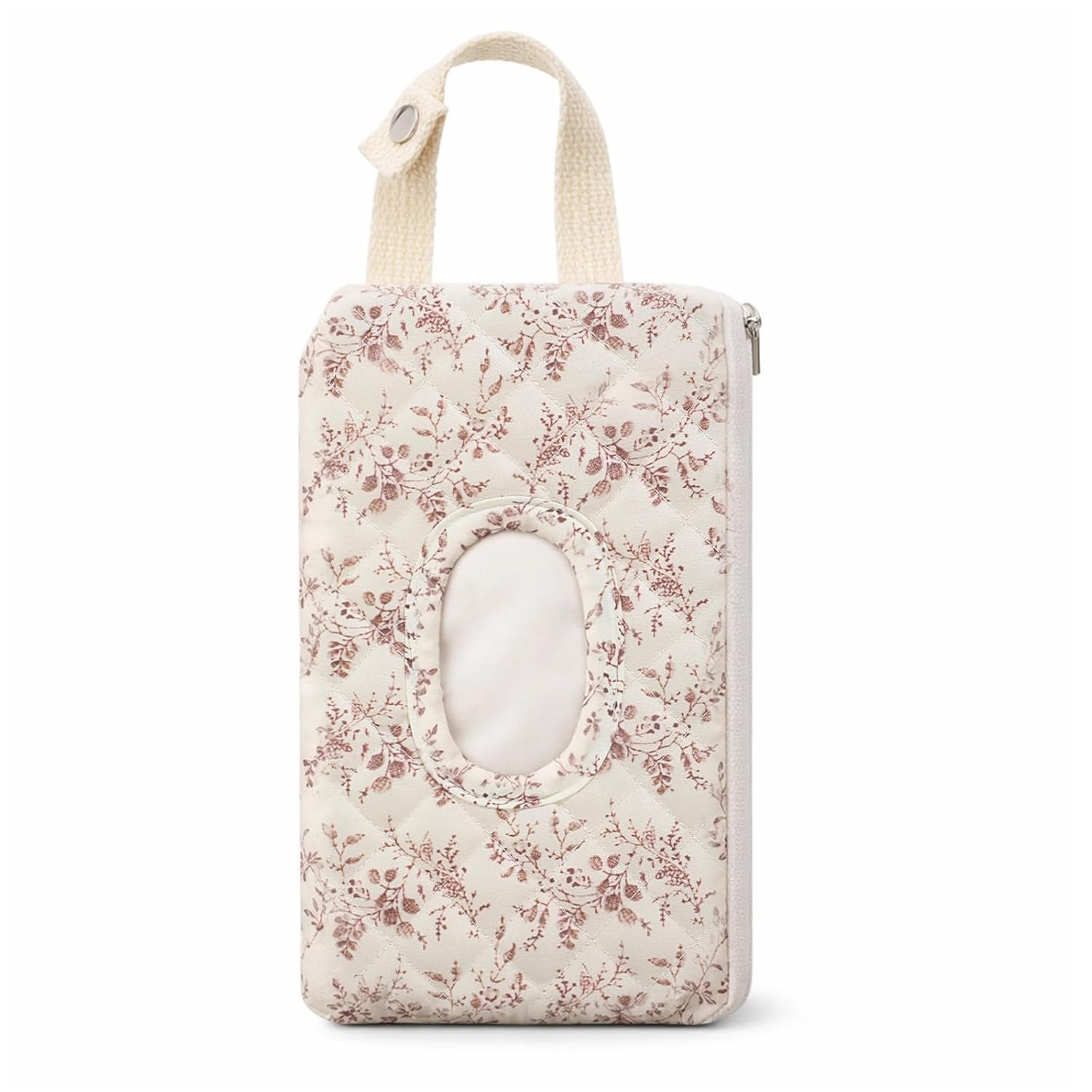 Quilted Diaper Wipe Pouch Hanging Floral Wet Wipes Bag Reusable Fabric Cover with Zipper & Lanyard for Car Daily Casual Travel Mommy Bag (B)
