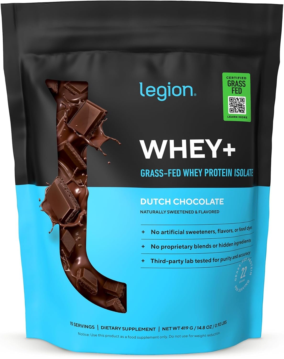LEGION Whey+ Protein Whey Isolate from Grass Fed Cows (Chocolate, 15 Servings) – Whey Protein Isolate Powder, Low Calorie, Non-GMO, Sugar Free, Lactose and Gluten Free, All Natural Protein Powder