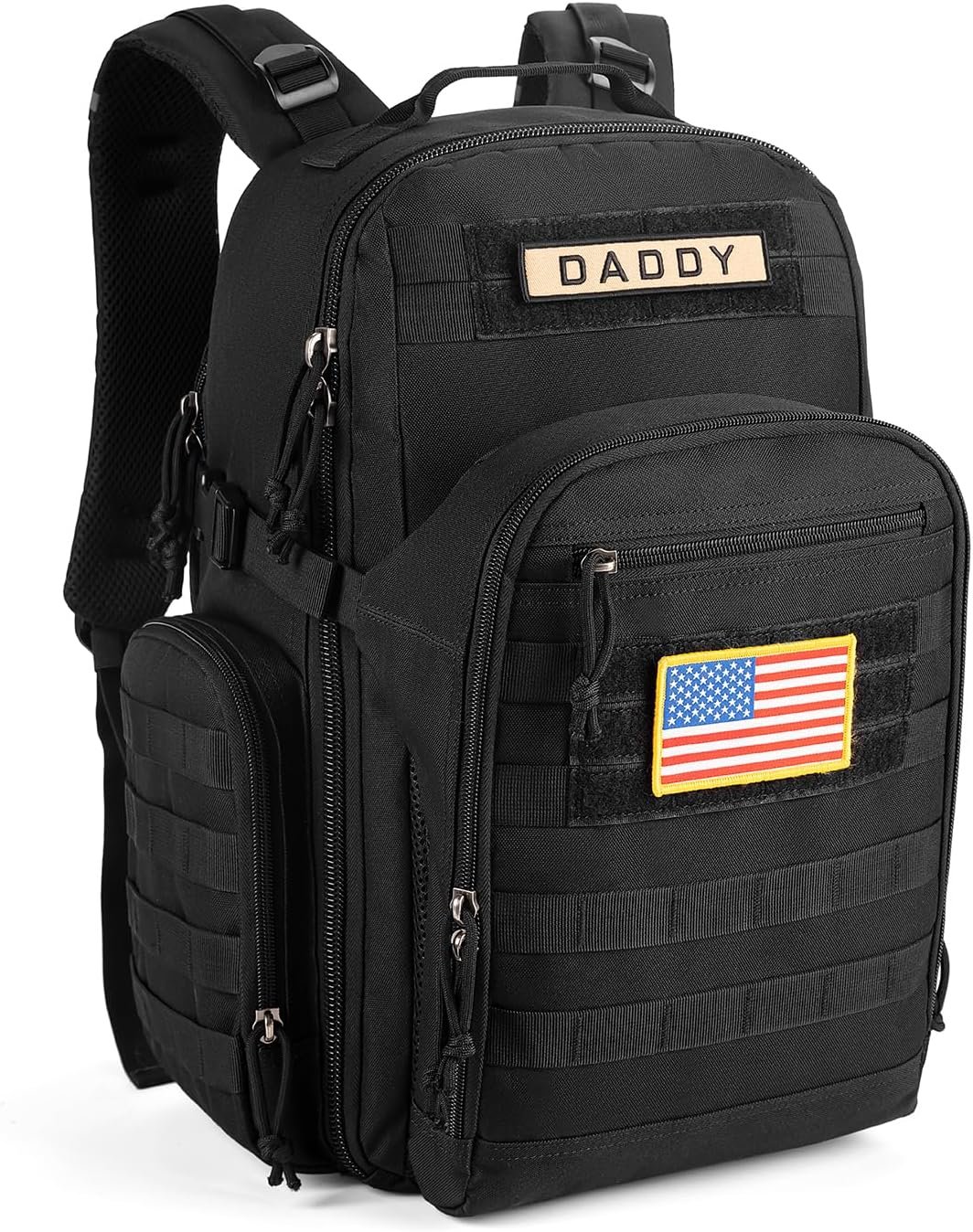 SHARKMOUTH Dad Diaper Bag Backpack – Military Baby Gear Backpacks with Daddy Patches Black for Father’s Day
