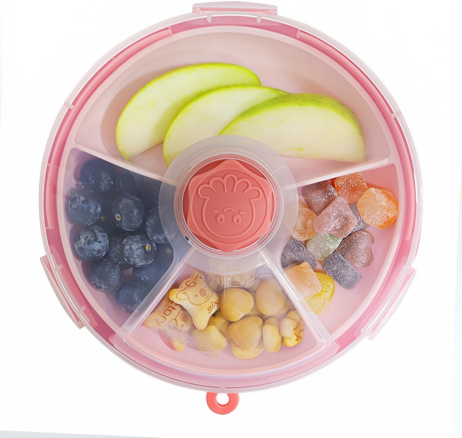 KingKam Kids Snack Spinner Containers, Reusable Toddler Spin Snack Container Box with 4 Compartments & Lid, Travel On-The-Go Snacking, BPA Free | Dishwasher Safe | Strap and Sticker (Pink)