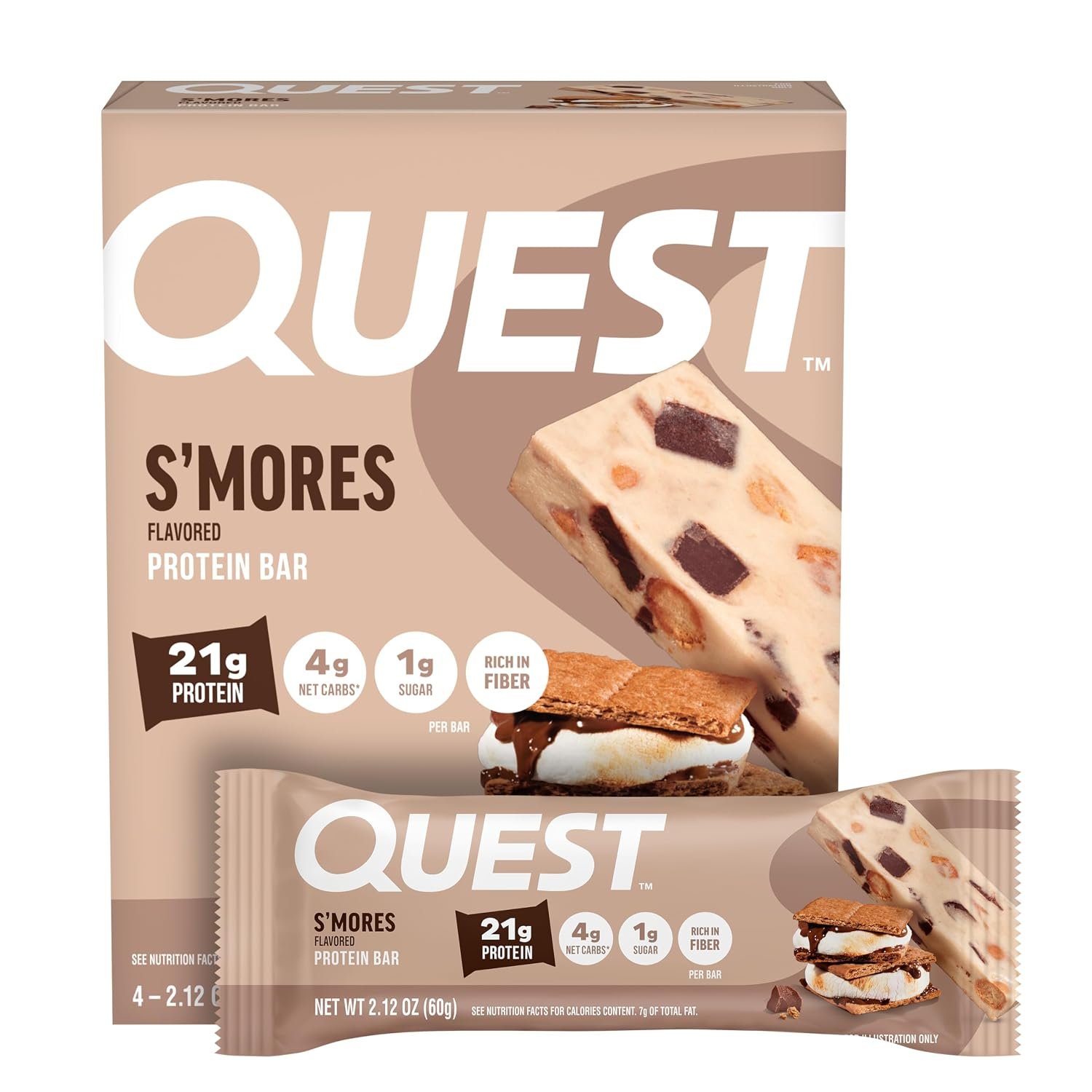 Quest Nutrition S’mores Protein Bar, 21g Protein, 4g Net Carbs, 1g Sugar, Gluten Free, Keto Friendly, 4 Count