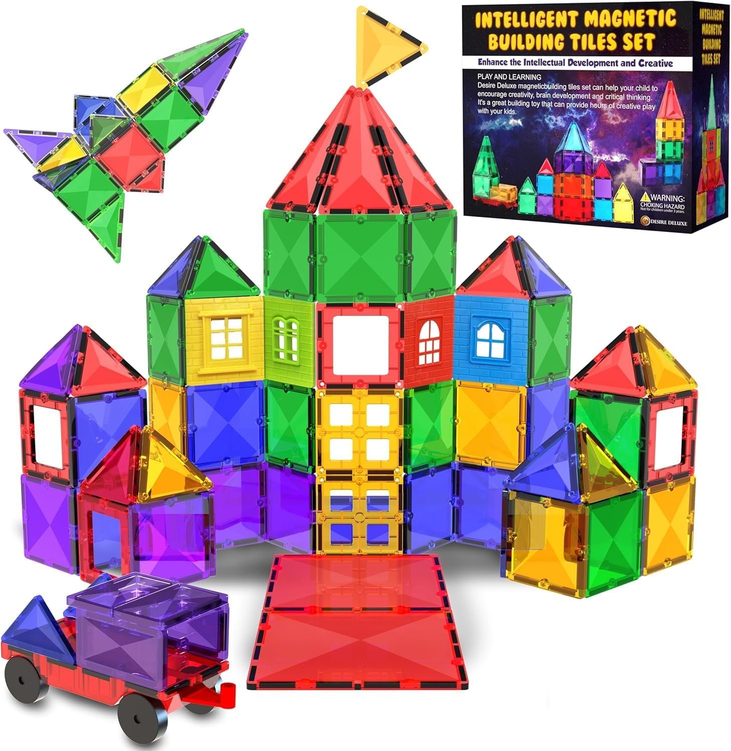 Magnetic Tiles Building Blocks Toy – STEM Educational Magnet Set for Kids, Creativity Preschool Learning Sensory Montessori Toddler Toys for Boys & Girls 3+ Years Old – 57PC