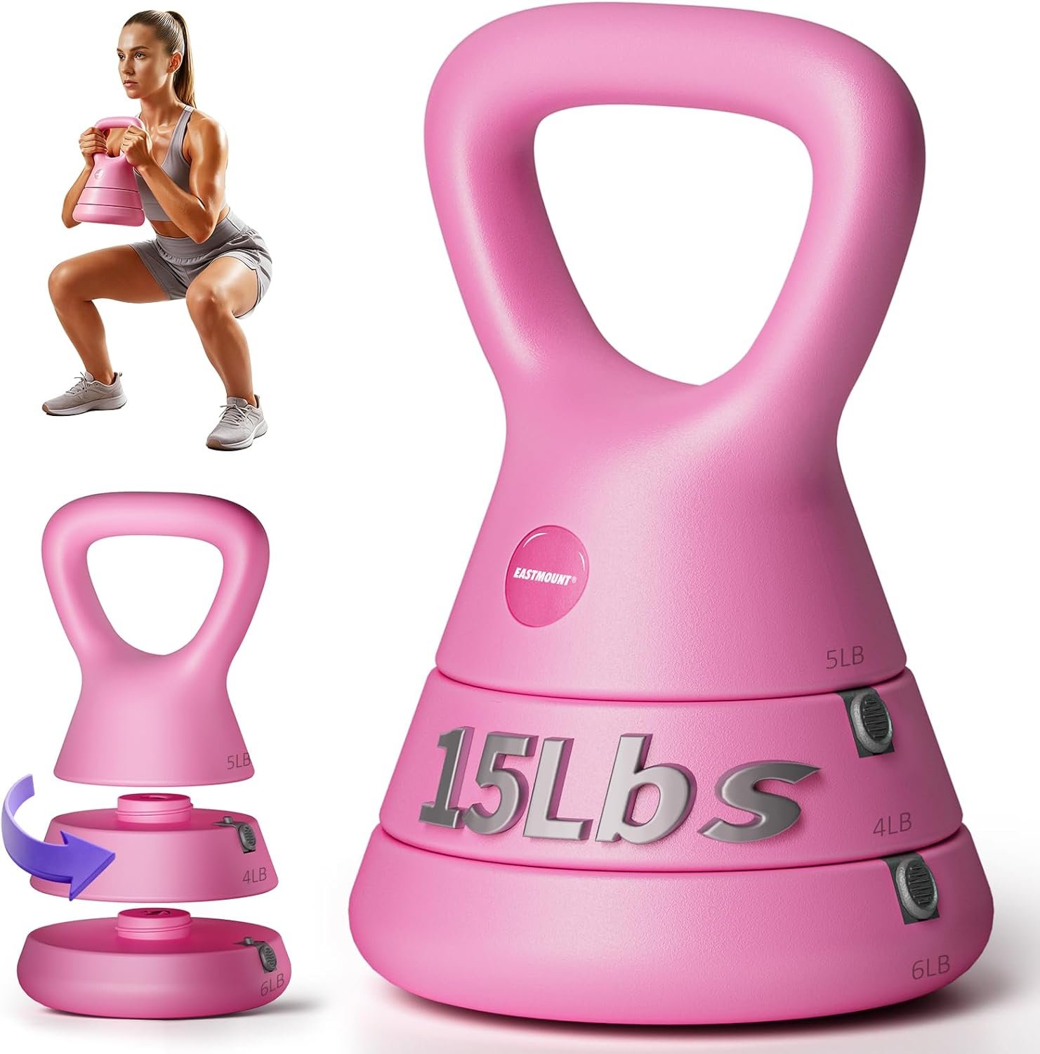 EAST MOUNT 15LB Adjustable Kettlebell Set – 3-in-1 (5/9/15 LB), Compact Adjustable Weights, Wide Triangle Handle and Wrist-Friendly Design for Home Gym, Full-Body Workouts and Strength Training