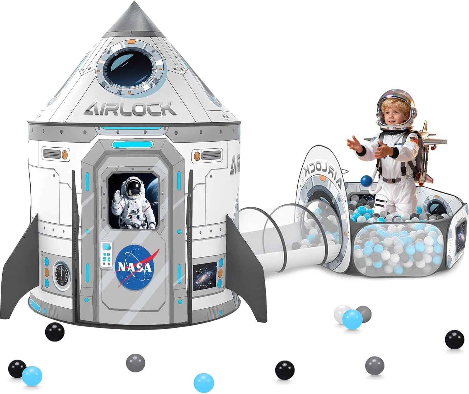 3Pcs Kids Rocket Play Tent for Boys: Pop Up Toddlers Spaceship Playhouse with Baby Crawl Tunnel, Ball Pit and Castle Tent – Children Game Tent Toys Indoor and Outdoor for Birthday