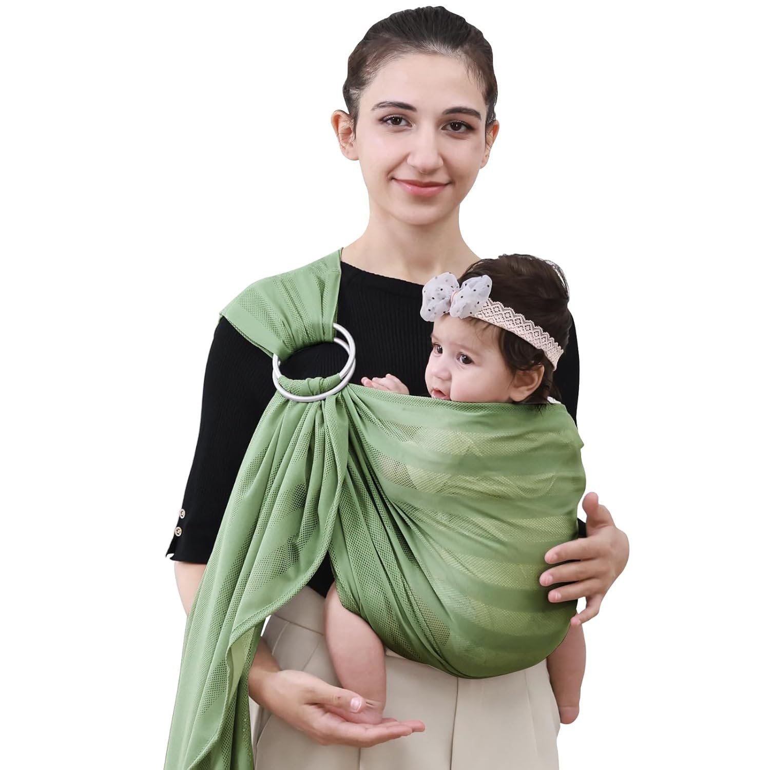 CUBY Water Baby Sling Carrier Lightweight Breathable Mesh Baby Wraps Carrier Adjustable Ring Sling Quick-Drying Baby Carriers Sling for Newborn Toddler Summer Swimming Pool Beach(Green Stripe)