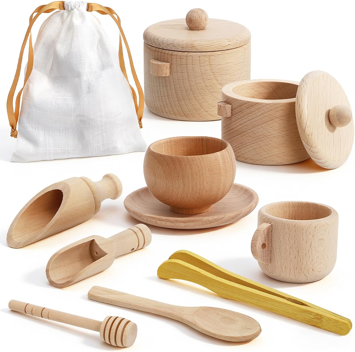 Hiceeden Set of 11 Wooden Sensory Bin Tools for Kids, Sensory Scoops and Tongs Toys with Bag, Waldorf Montessori Toys for Fine Motor Skill Learning