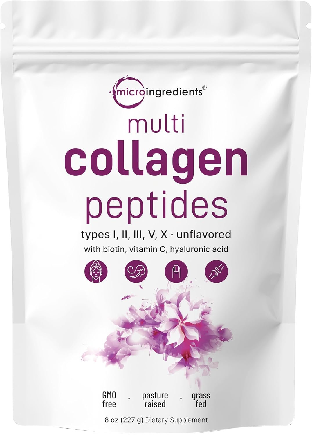 Micro Ingredients Multi Collagen Peptides Powder, 8oz (20 Servings) – Hydrolyzed Type I,II,III,V,X with Biotin, Hyaluronic Acid, Vitamin C – Unflavored Collagen for Women & Men, Easy Dissolve