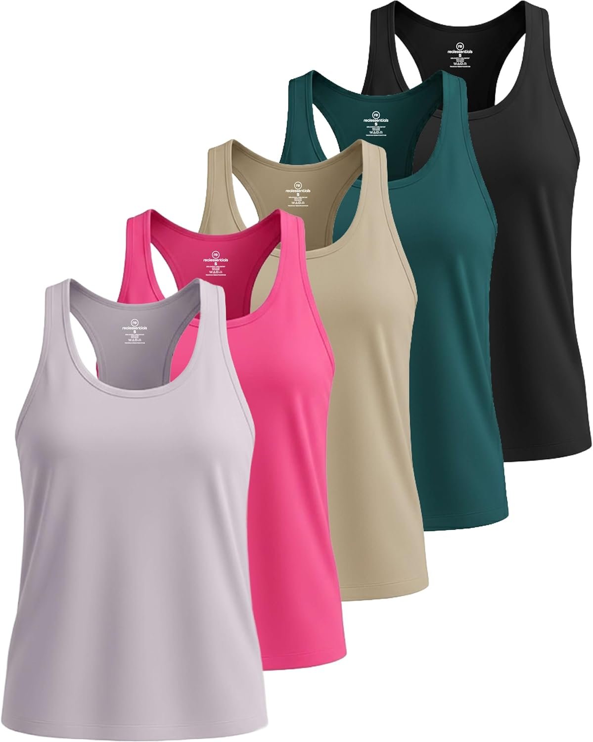 Real Essentials 5 Pack: Women’s Dry Fit Tank Top – Racerback Sleeveless Workout Athletic Gym Shirt (Available in Plus)