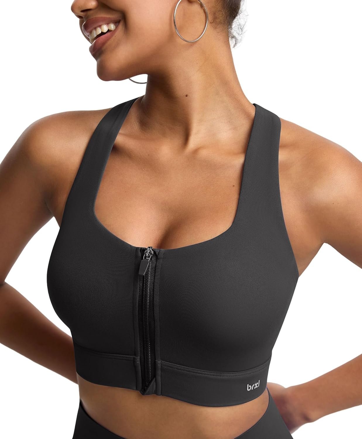 BRXL Front Zip Sports Bra High Impact Adjustable Y Back Sewn in Pads Wide Straps for Running Gym Workout Bras