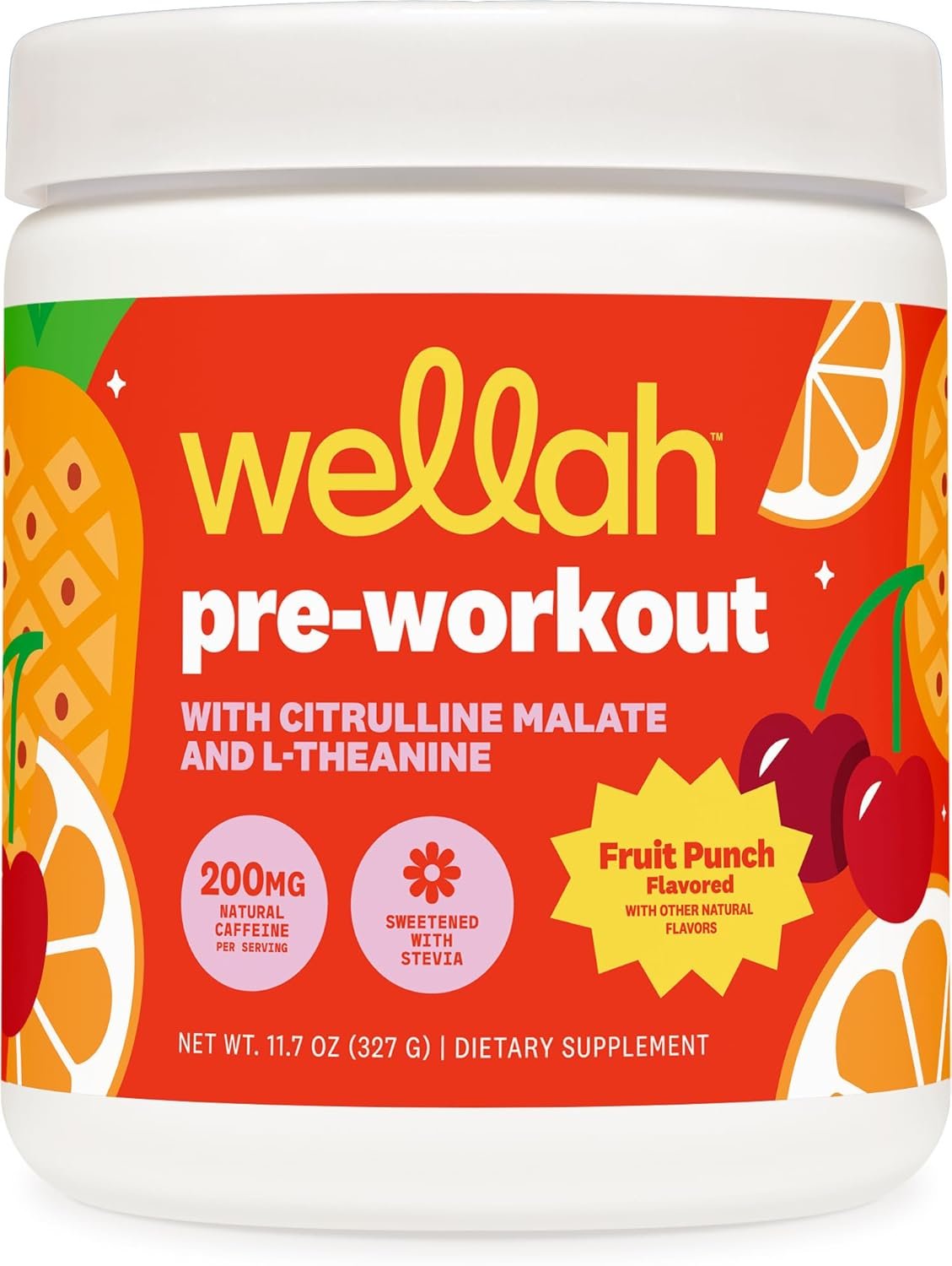 Wellah Pre-Workout Drink Mix (Fruit Punch Flavored, 30 Servings) – with Citrulline Malate and L-Theanine, 200mg of Natural Caffeine & 1000mg of Beta-Alanine