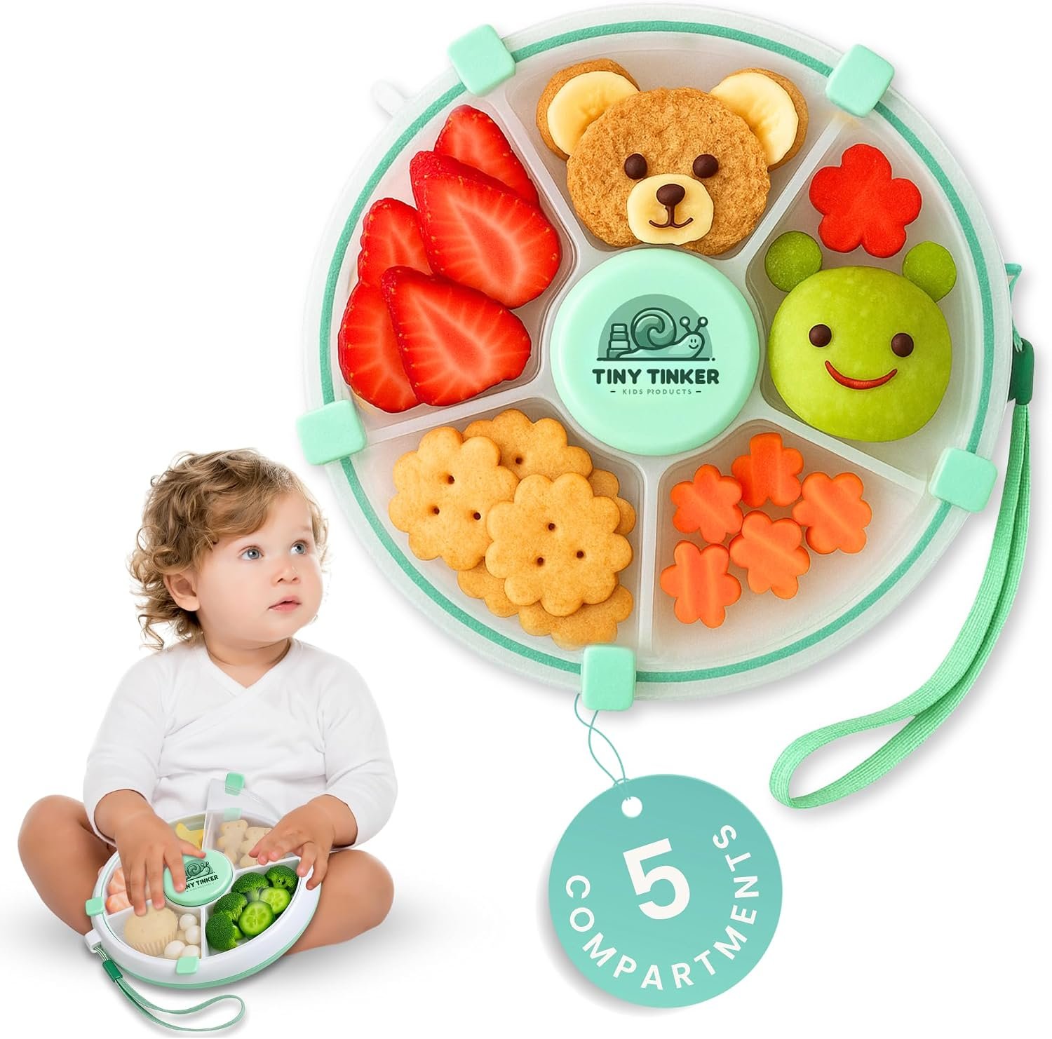 Snack Spinner for Toddlers with Lid, Small 5-Compartment Durable, Portable, Leak-Proof – Easy to Open, BPA-Free, Dishwasher Safe – Perfect for Travel, Daycare, Lunchboxes, and On-the-Go Snacks, Green