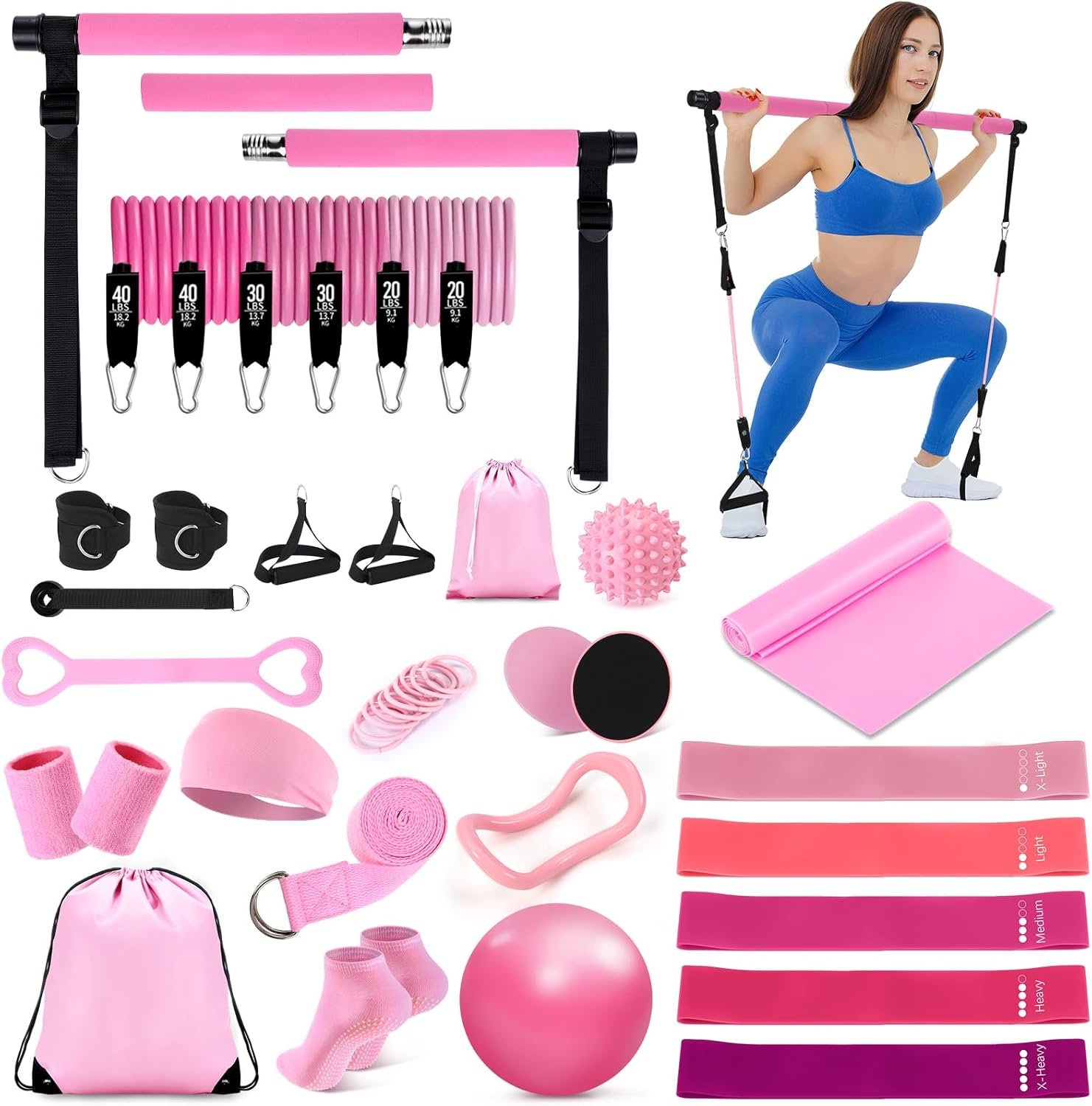 Pilates Bar Kit with Resistance Bands Multifunctional Pilates Bar with Metal Adjustment Buckle Portable Storage Bag Yoga Essentials Kit Exercise Equipment for Home Women Gym Workout