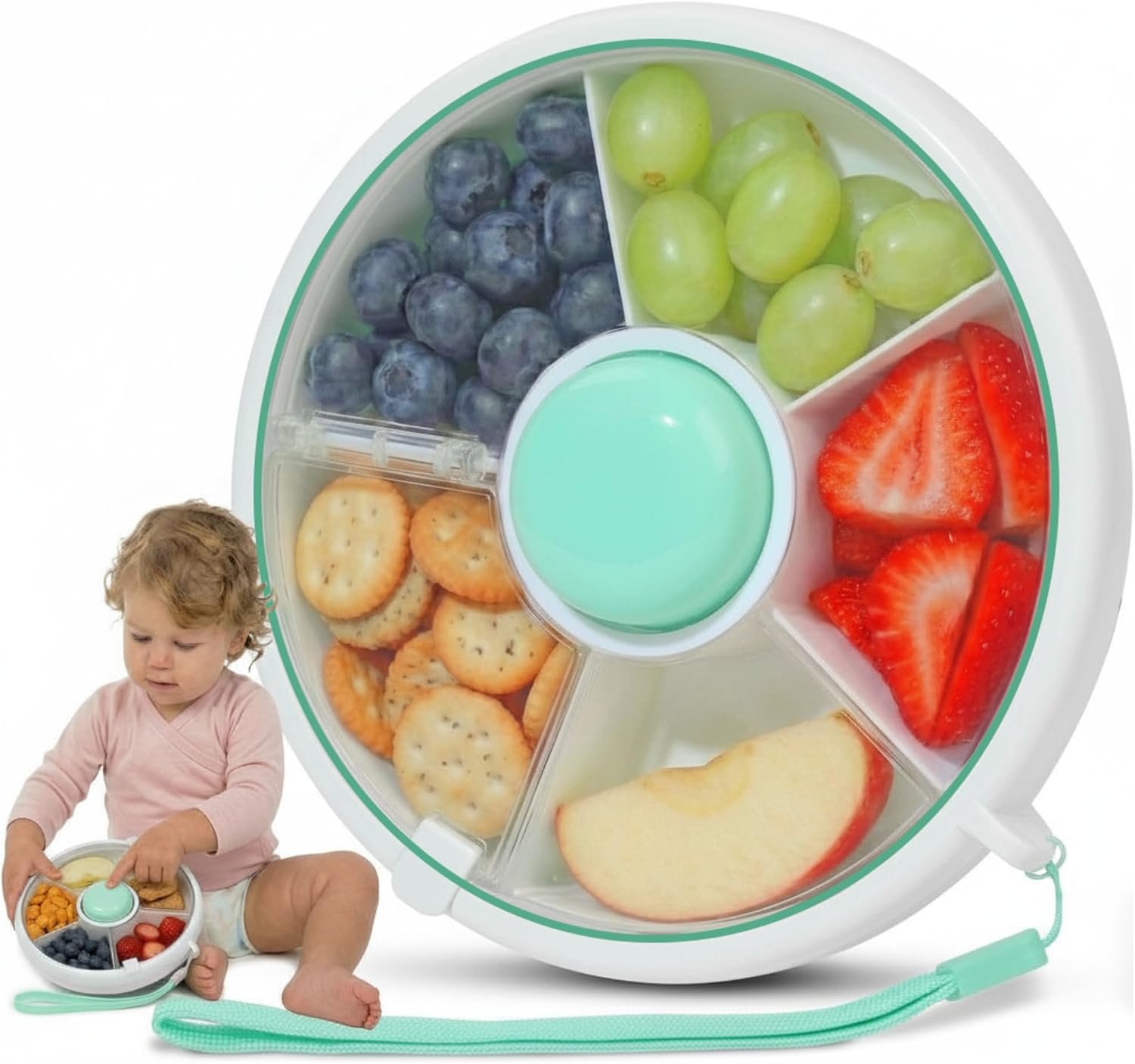 TRENDO Snack Spinner for Toddlers – Green Rotating Snack Container, BPA & PVC-Free Baby Snack Box, Spill-Proof Toddler Snack Container with Hand Strap, 5 Compartments Travel Snack Box for Kids