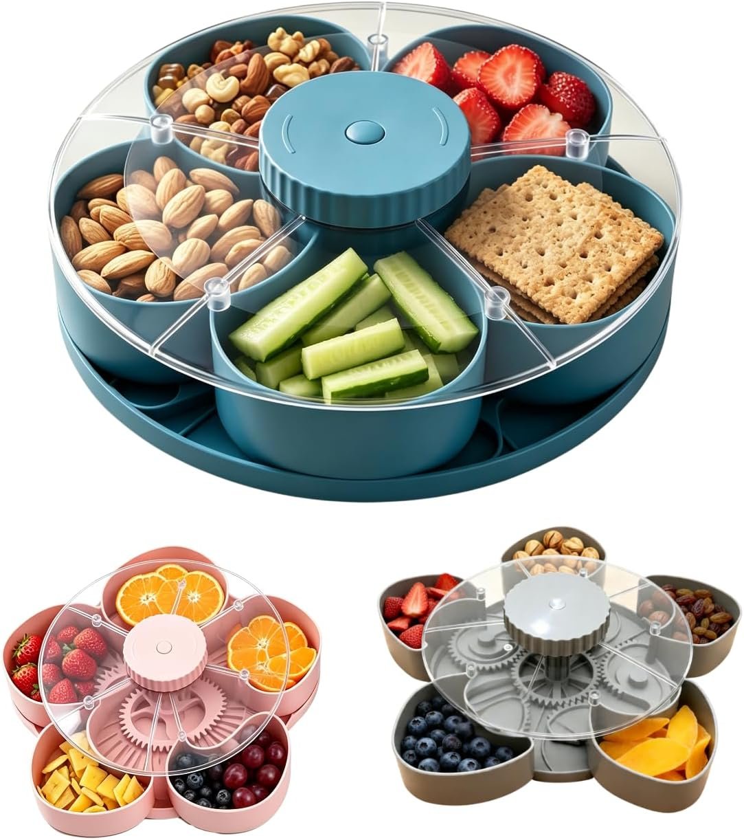 Divided Serving Tray that Spins – 5-Compartment Rotating Snackle Box Container with Lid, Lazy Susan Veggie & Fruit Platter, Portable Snack Tray for Party, Travel, Picnic, Kitchen (BPA-Free) (Blue)