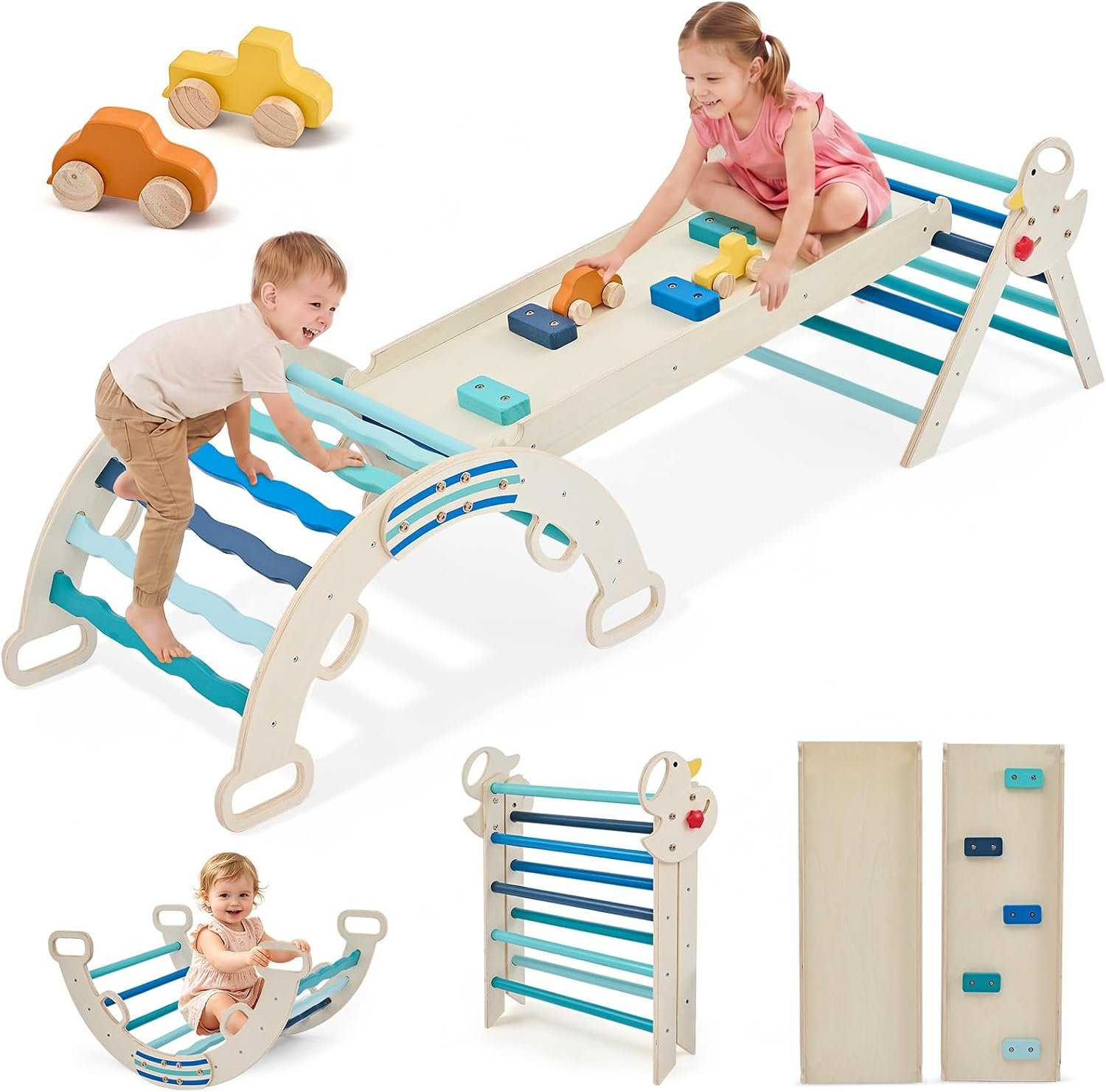 Pikler Triangle Set, 7-in-1 Foldable Montessori Climbing Toys for Toddlers, Wooden Indoor Playground with Climbing Arch, Slide Ramp & Ladder, Toddler Jungle Gym for Motor Skills, Blue